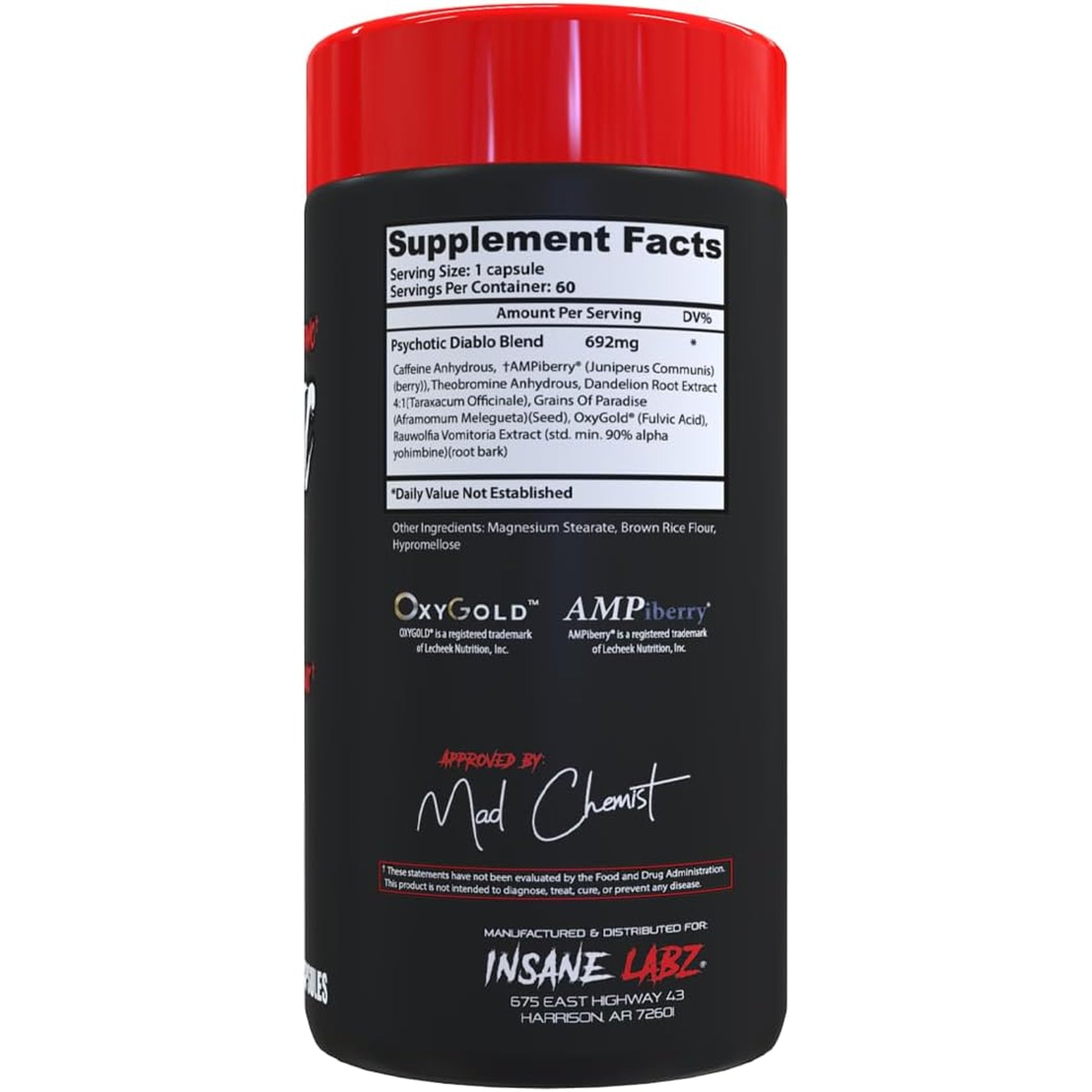 Insane Labz Psychotic Diablo Thermogenic Fat Burner for Men and Women with Grains of Paradise Theobromine Dandelion Root Extract Fueled by Ampiberry, Appetite Suppressant - 60 Servings