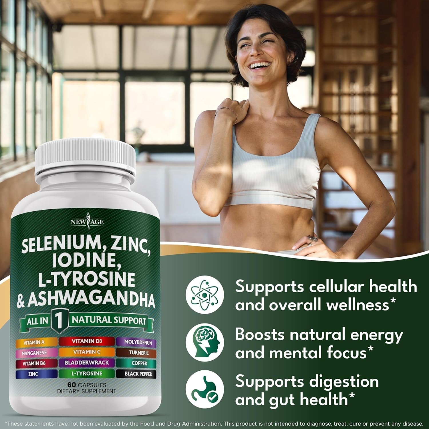 NEW AGE Selenium, Zinc, Iodine, L Tyrosine, Ashwagandha - Supplement for Women and Men with Bladderwrack, Turmeric, Silica Kelp, Schisandra - 120 Count