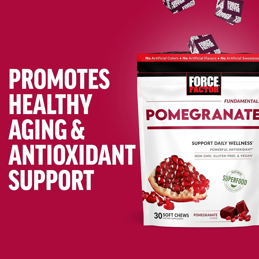 Force Factor Pomegranate Soft Chews for Healthy Aging, Heart, Bone, & Brain Health, Made with Real & Premium Pomegranate Juice Powder, Non-Gmo, Gluten-Free, Vegan, Pomegranate Flavor, 30 Soft Chews