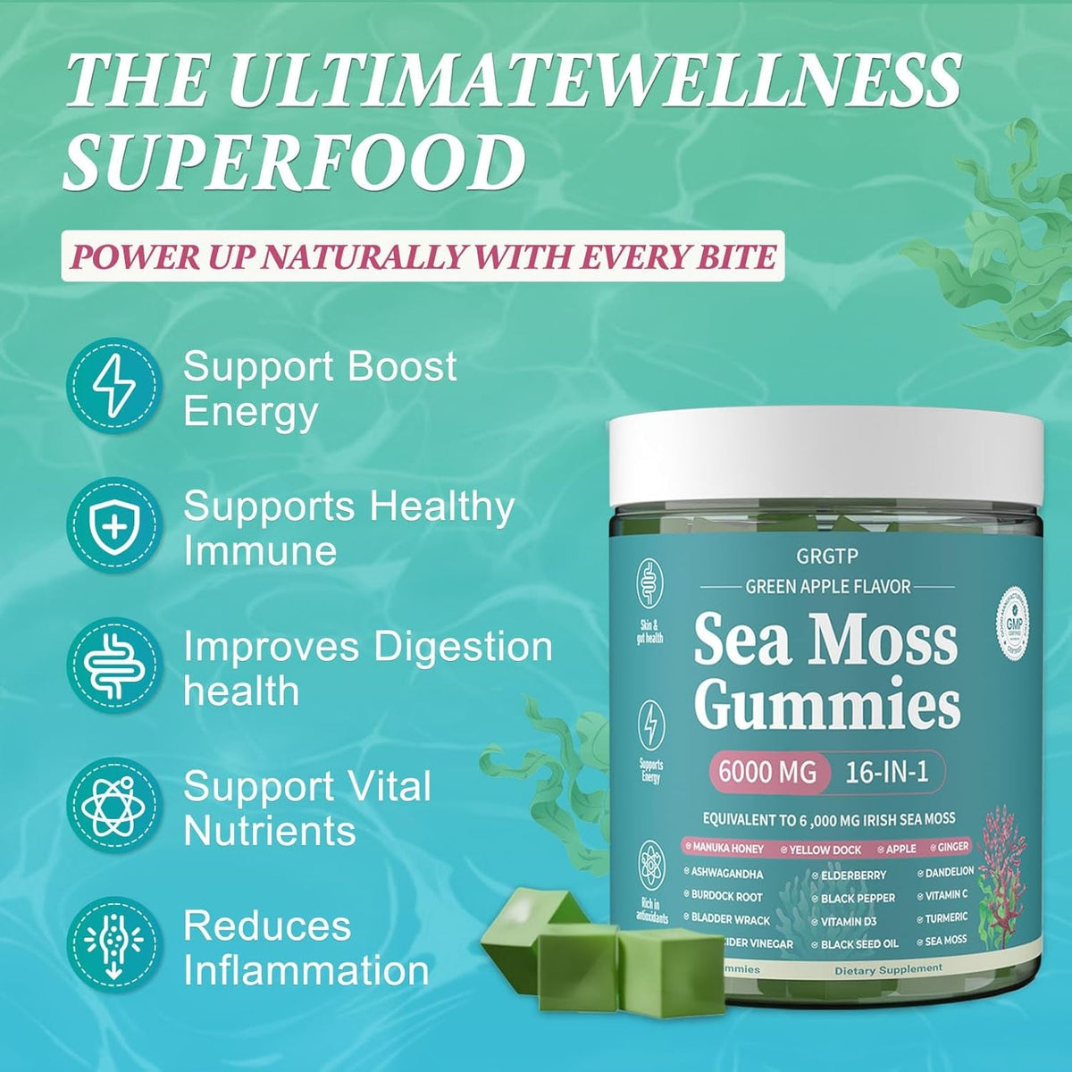 Sea Moss Gummies 16-In-1 - Ashwagandha Black Seed Oil Bladder Wrack Turmeric Vitamin C & D3 with Manuka Burdock Root Dandelion Yellow Dock Natural Detox & Liver Health Immune Support, Energy Boost