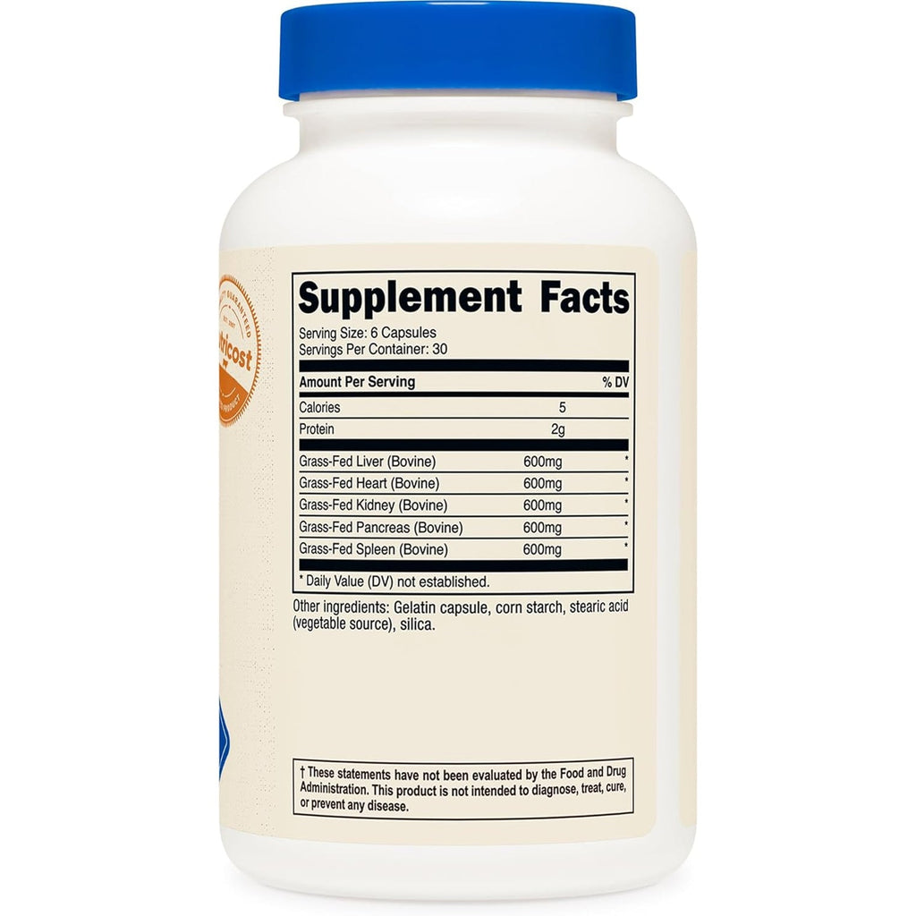 Nutricost Grass Fed Beef Organs Supplement (3,000Mg) 180 Capsules - Desiccated Bovine Organ Complex for Men and Women, Gmo-Free, Gluten-Free, 30 Servings