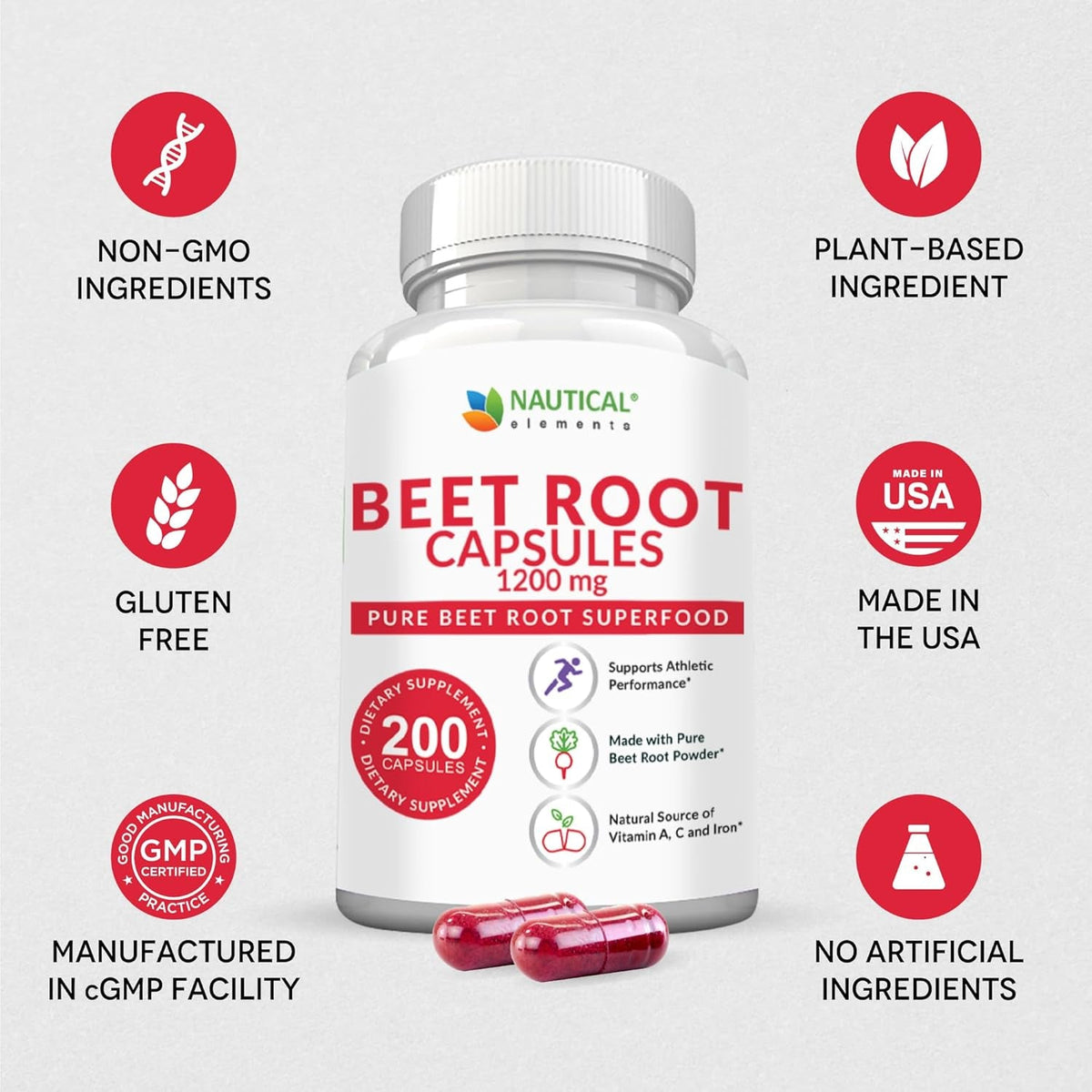 Beet Root Capsules - 1200Mg per Serving - 200 Beet Root Powder Capsules - Beetroot Powder Supports Blood Pressure, Athletic Performance, Digestive, Immune System (Pure, Non-Gmo & Gluten Free