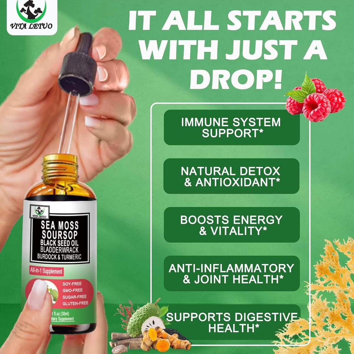 Sea Moss Black Seed Oil Soursop Liquid Drops with Bladderwrack Burdock Root Turmeric - Multimineral & Vitamins Superfood Drops Organic Non-Gmo for Immune & Digestive & Cell Support Skin Hair