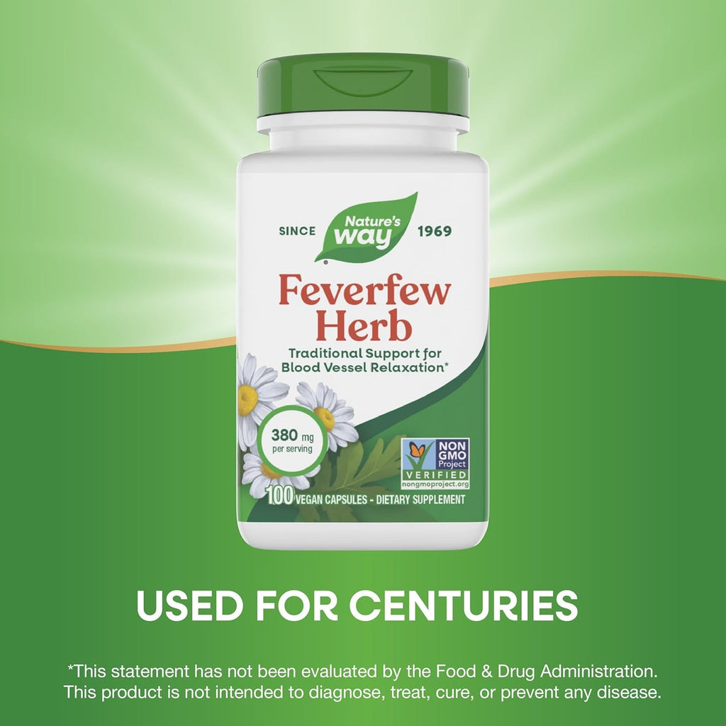Nature'S Way Feverfew Herb, Traditional Support for Blood Vessel Relaxation*, 380 Mg per Serving, Non-Gmo Project Verified, 100 Vegan Feverfew Capsules (Packaging May Vary)