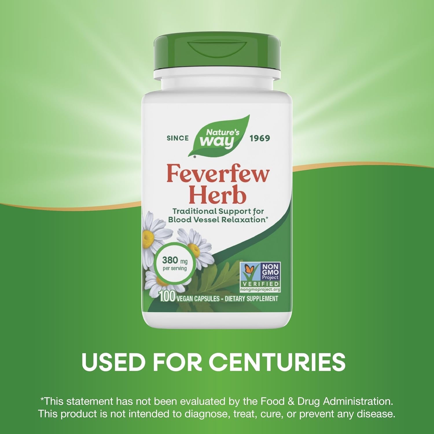 Nature'S Way Feverfew Herb, Traditional Support for Blood Vessel Relaxation*, 380 Mg per Serving, Non-Gmo Project Verified, 100 Vegan Feverfew Capsules (Packaging May Vary)