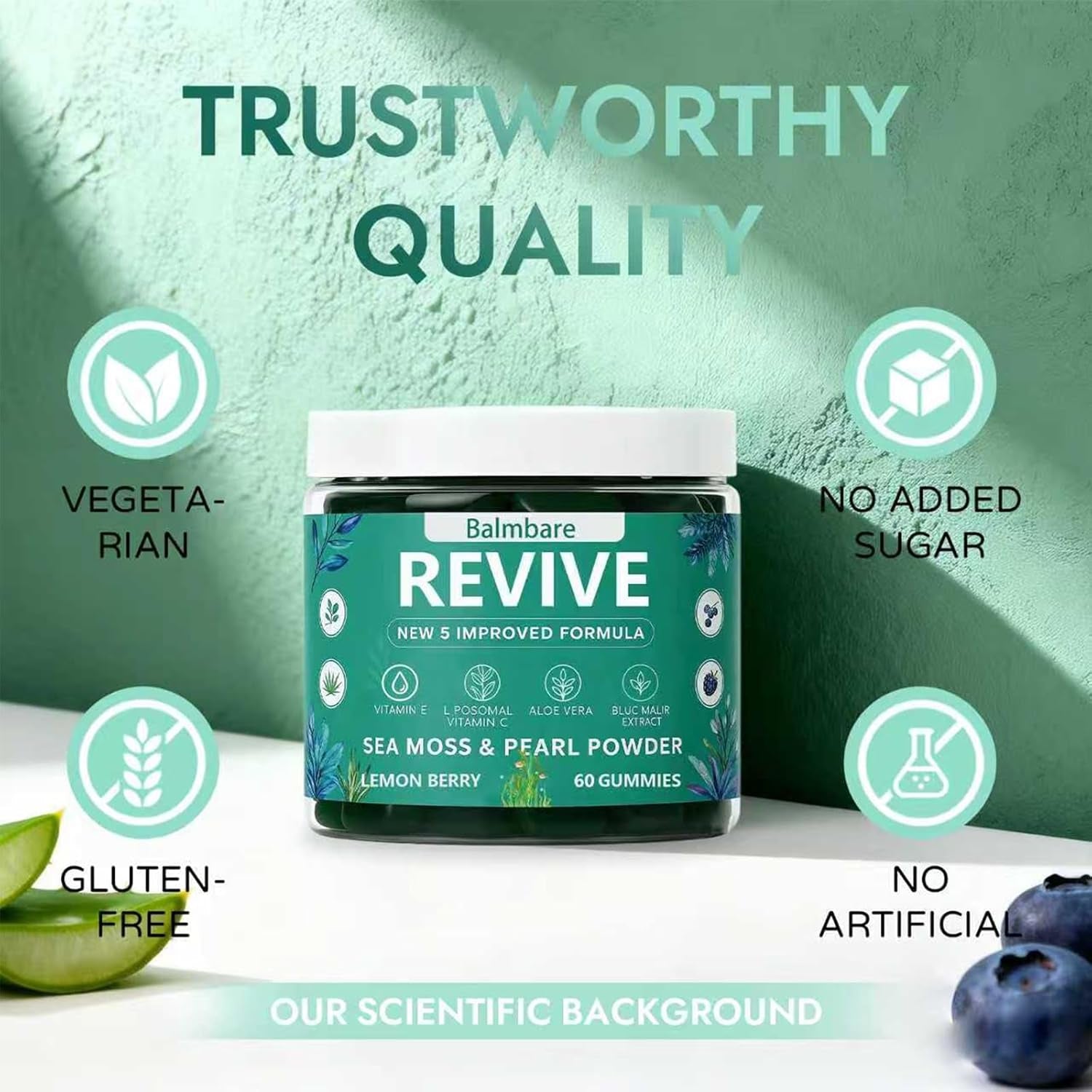 Balmbare Revive Gummies for Hair Loss, with Organic Irish Sea Moss Pearl Powder, Vitamins C & E, Aloe Vera - Supports Healthy Hair, Skin & Nails Growth (1Pcs)