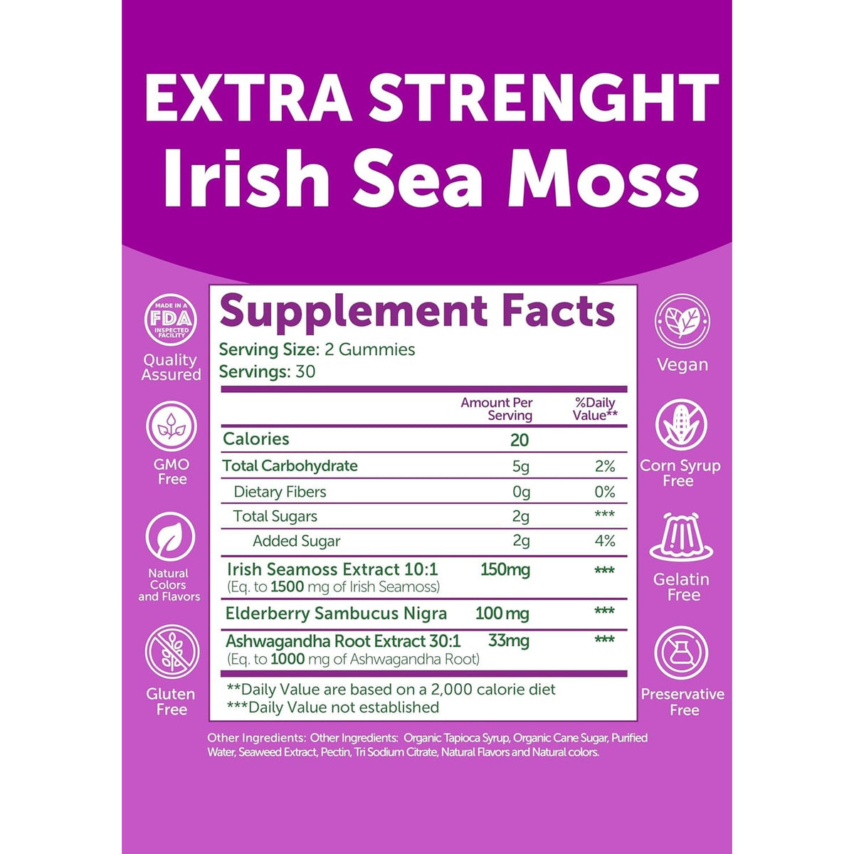 Lunakai USA Made Irish Sea Moss Gummies with Ashwagandha & Elderberry – Delicious Daily Immune & Stress Support Supplement for Men & Women, 60Ct