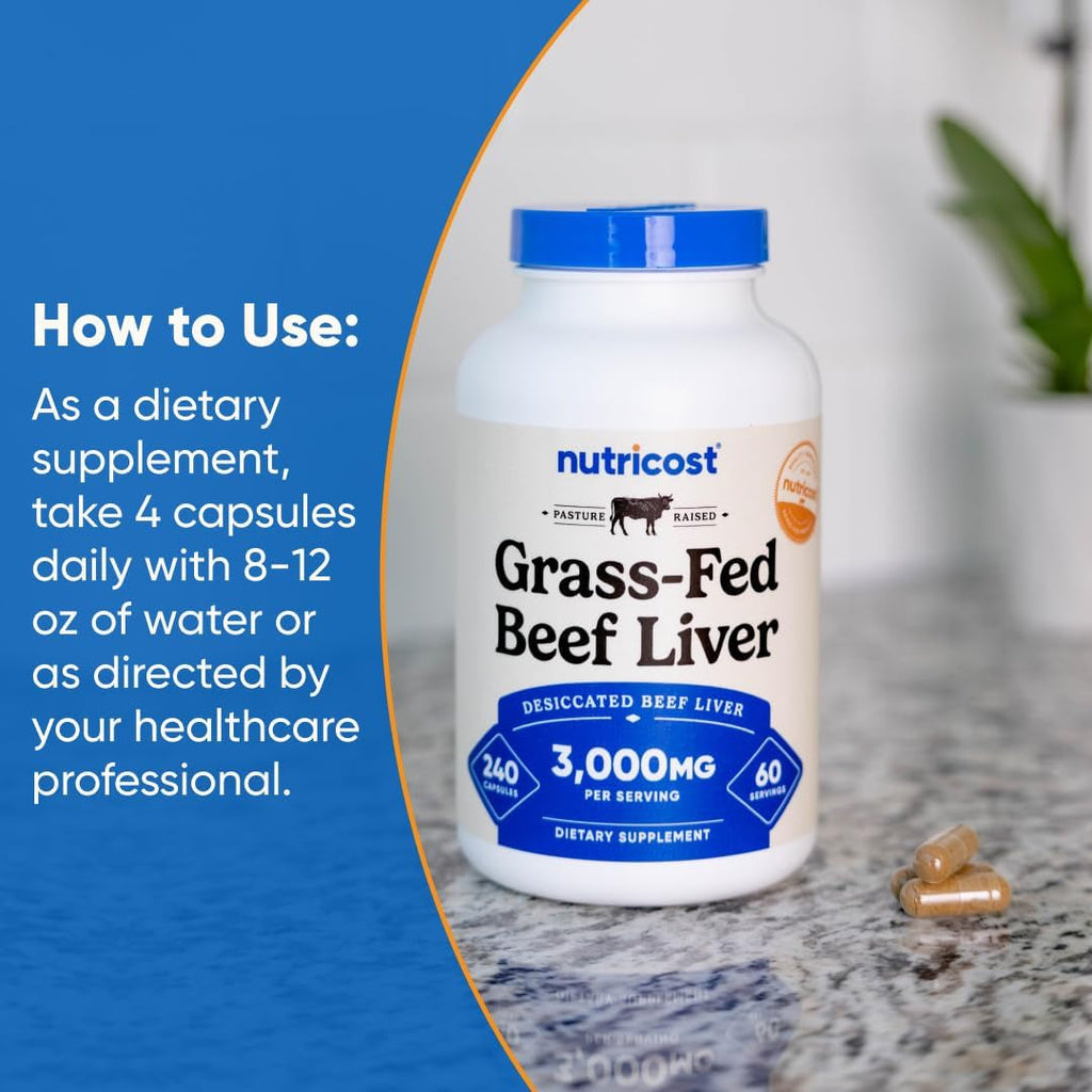 Nutricost Grass Fed Desiccated Beef Liver Capsules 3000Mg per Serv (750Mg per Cap), 240 Cap for 60 Servings - No Hormones, GMO and Gluten Free, Pasture-Raised, Free Range Beef