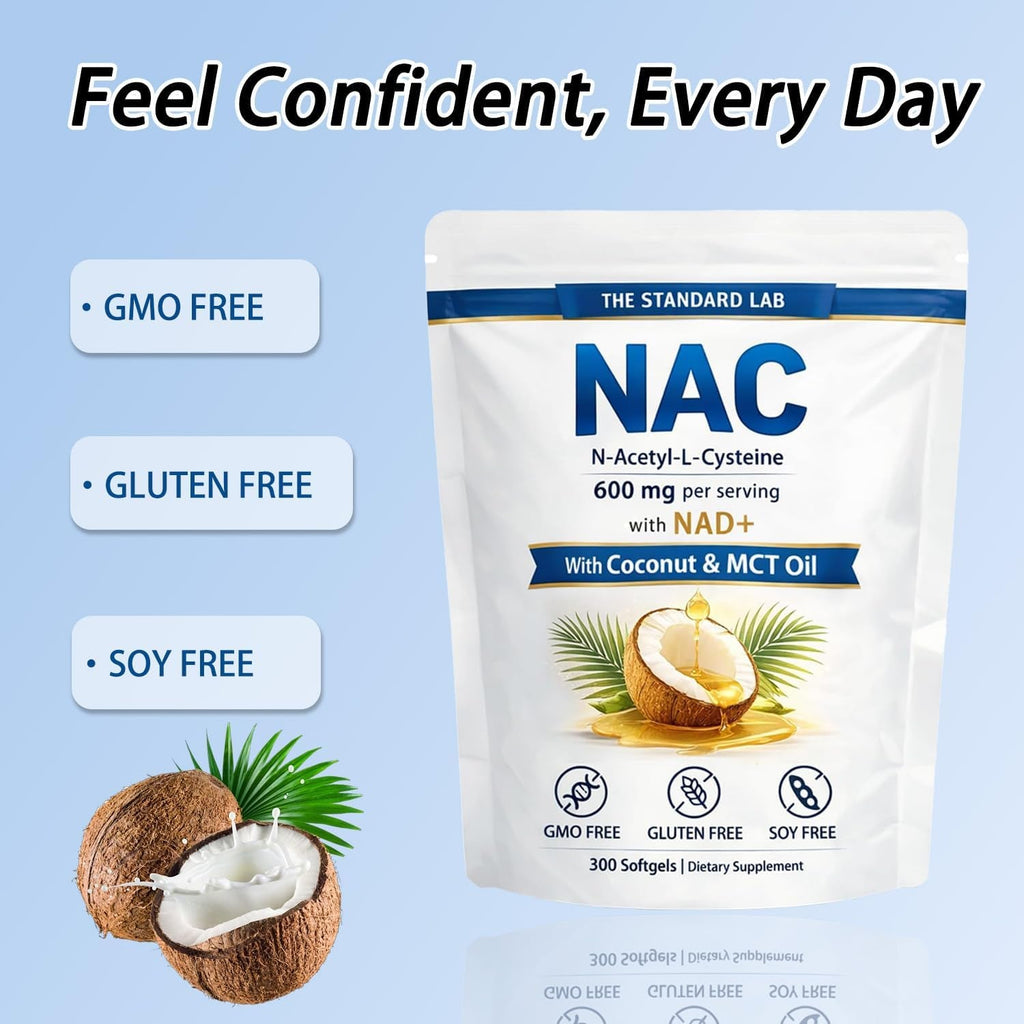 NAC 600Mg | N-Acetyl Cysteine with NAD+ & Coconut Oil | Nicotinamide Complex | Non-Gmo | 300 Count