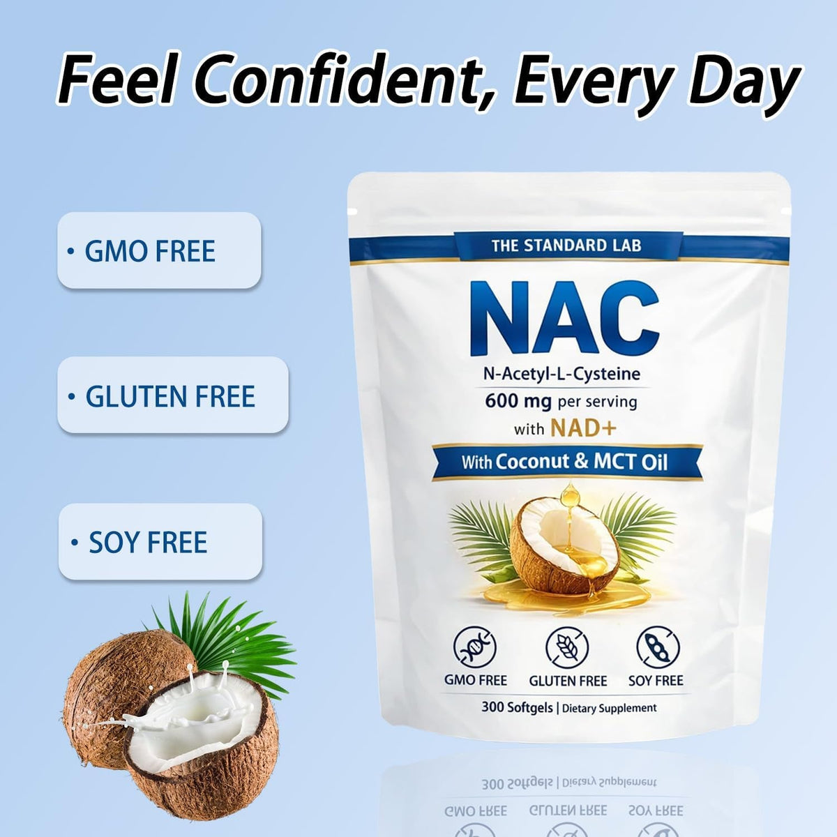 NAC 600Mg | N-Acetyl Cysteine with NAD+ & Coconut Oil | Nicotinamide Complex | Non-Gmo | 300 Count