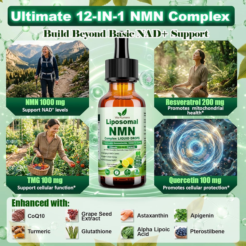 NMN Supplement Liquid Drops, Ultimate 12-In-1 NMN Beta 1000Mg W. Quercetin TMG Resveratrol Coq10 Astaxanthin for anti Aging Energy & Immune, NMNH Alternative Liposomal High Absorption for Women Men