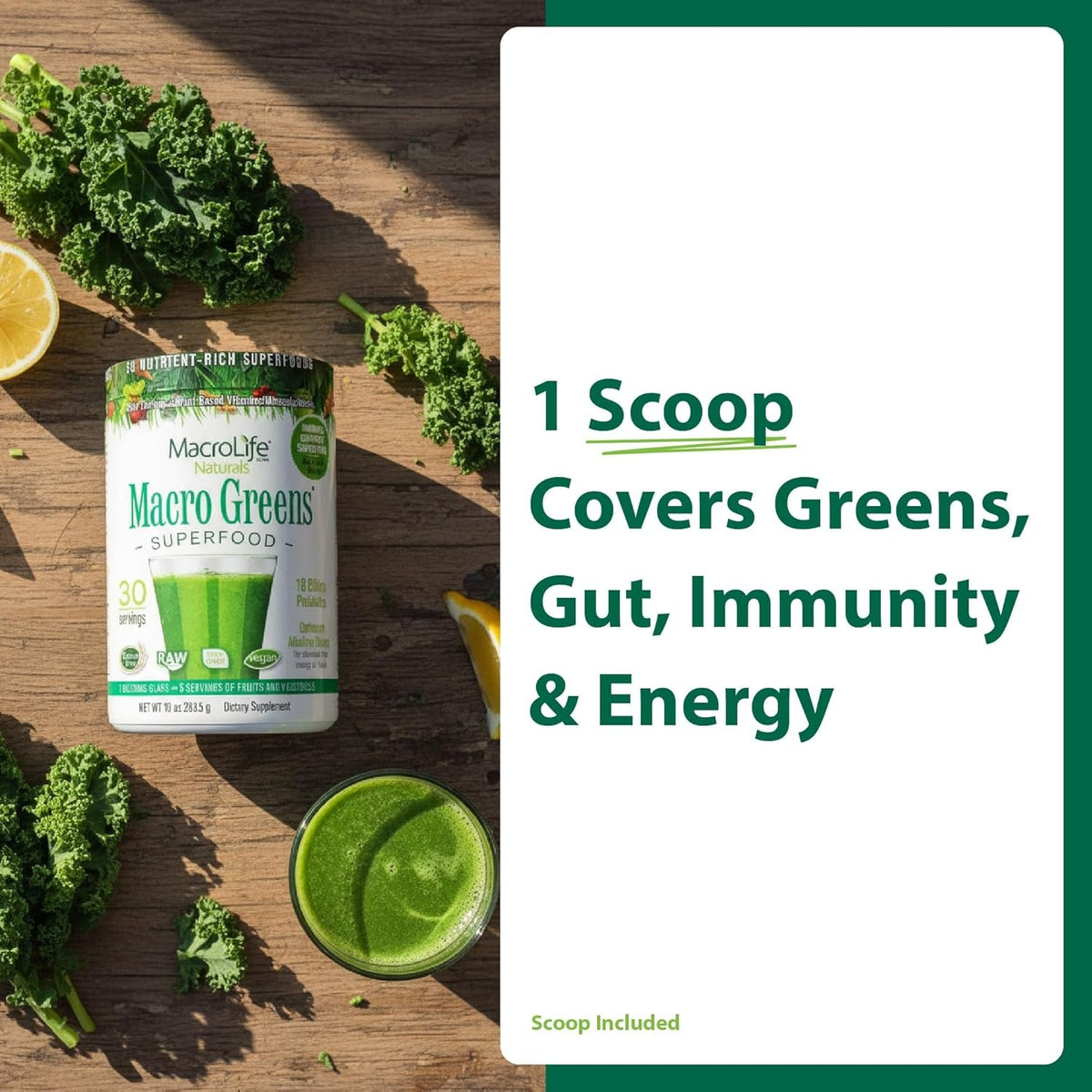 Macrolife Naturals Macro Greens Superfood Powder – 38 Superfoods with Probiotics, Digestive Enzymes & Adaptogens | Non GMO, Vegan, Gluten Free | 18B CFU | 10 Oz (30 Servings)