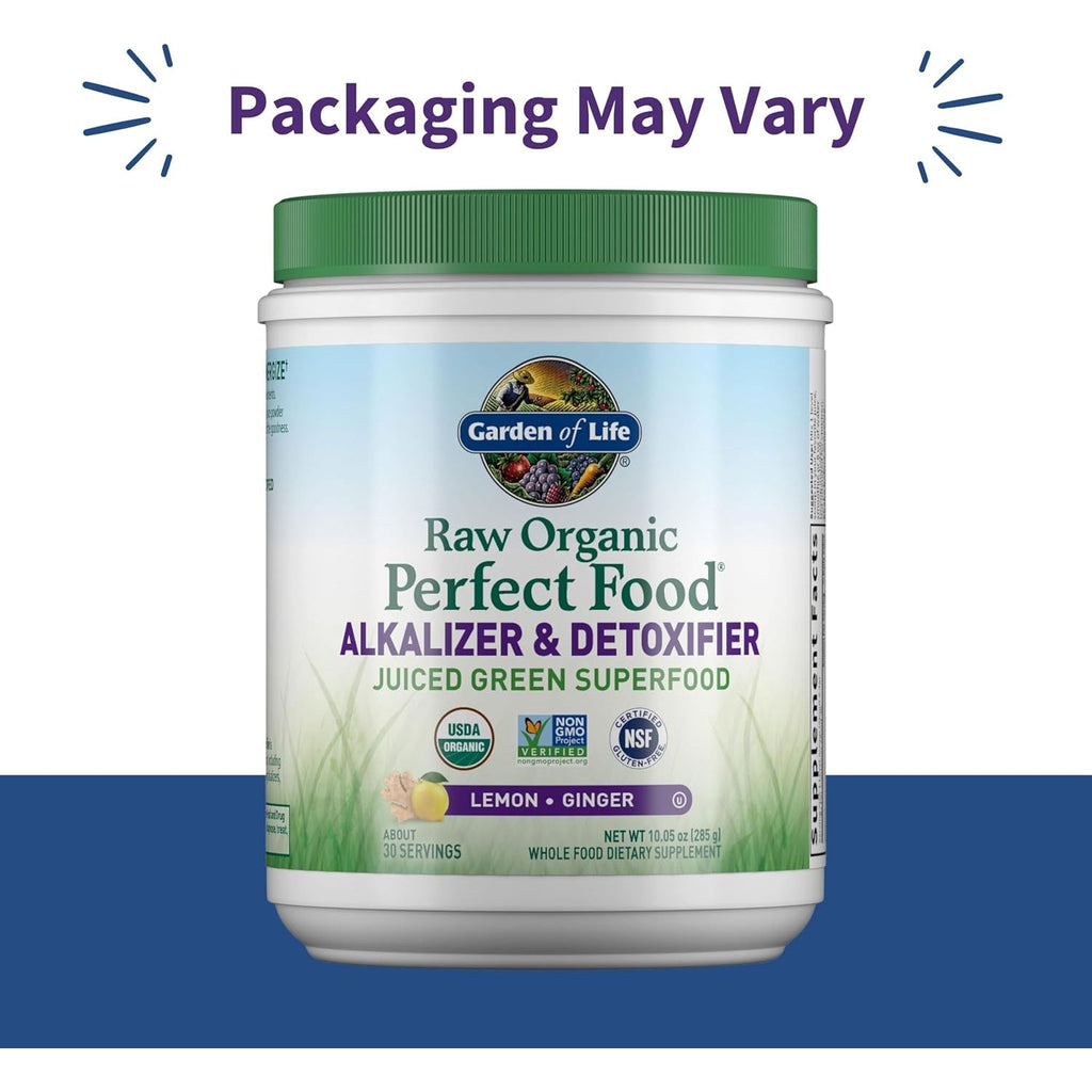 Garden of Life Raw Organic Perfect Food Alkalizer and Detoxifier, Lemon Ginger Flavored Superfood Powder Supplement, 30 Servings