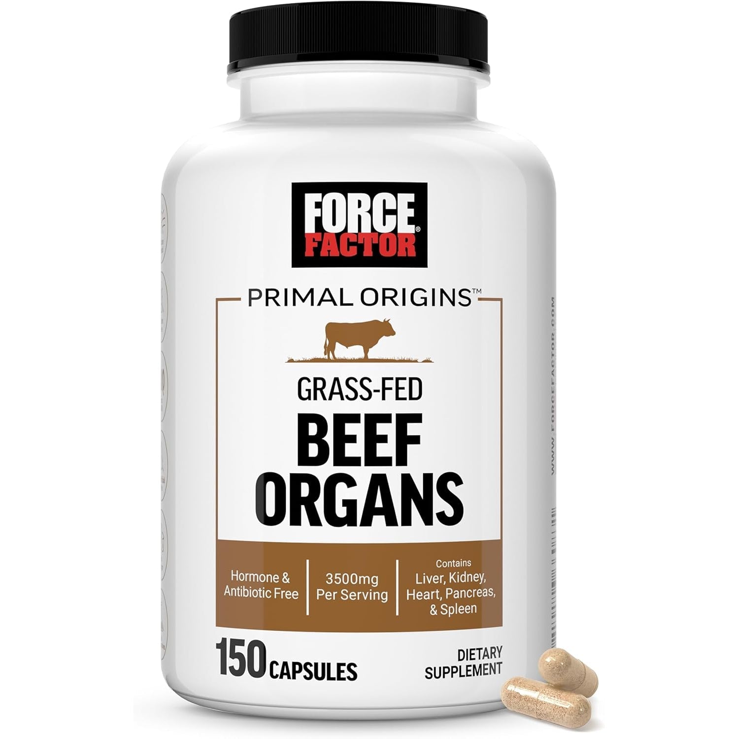 Force Factor Primal Origins Grass-Fed Beef Organs, Pasture-Raised Supplement with Liver, Kidney, Heart, Pancreas & Spleen, Hormone & Antibiotic Free, Non-Gmo, 3500Mg, 150 Capsules