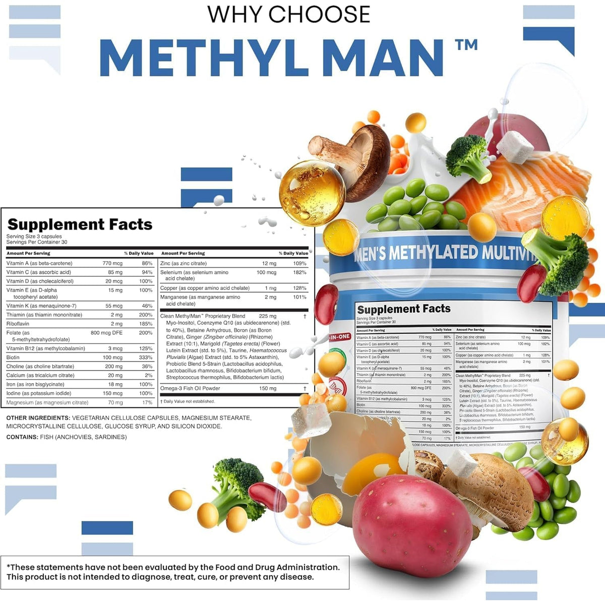 Methylated Multivitamin for Men with Vitamin B12 B6 Choline Magnesium Selenium Coq10 Iodine Manganese Iron Boron Copper Thiamin Riboflavin Biotin Probiotics Omega 3 | Vegetarian Capsules Mens Vitamins