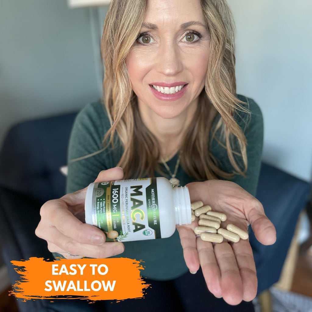 Mother Nature Organic Maca Root Capsules – 1600Mg, 120 Vegan Capsules – Non GMO Peruvian Yellow, Red & Black Maca for Men & Women - Energy, Hormone, Brain & Weight Well-Being