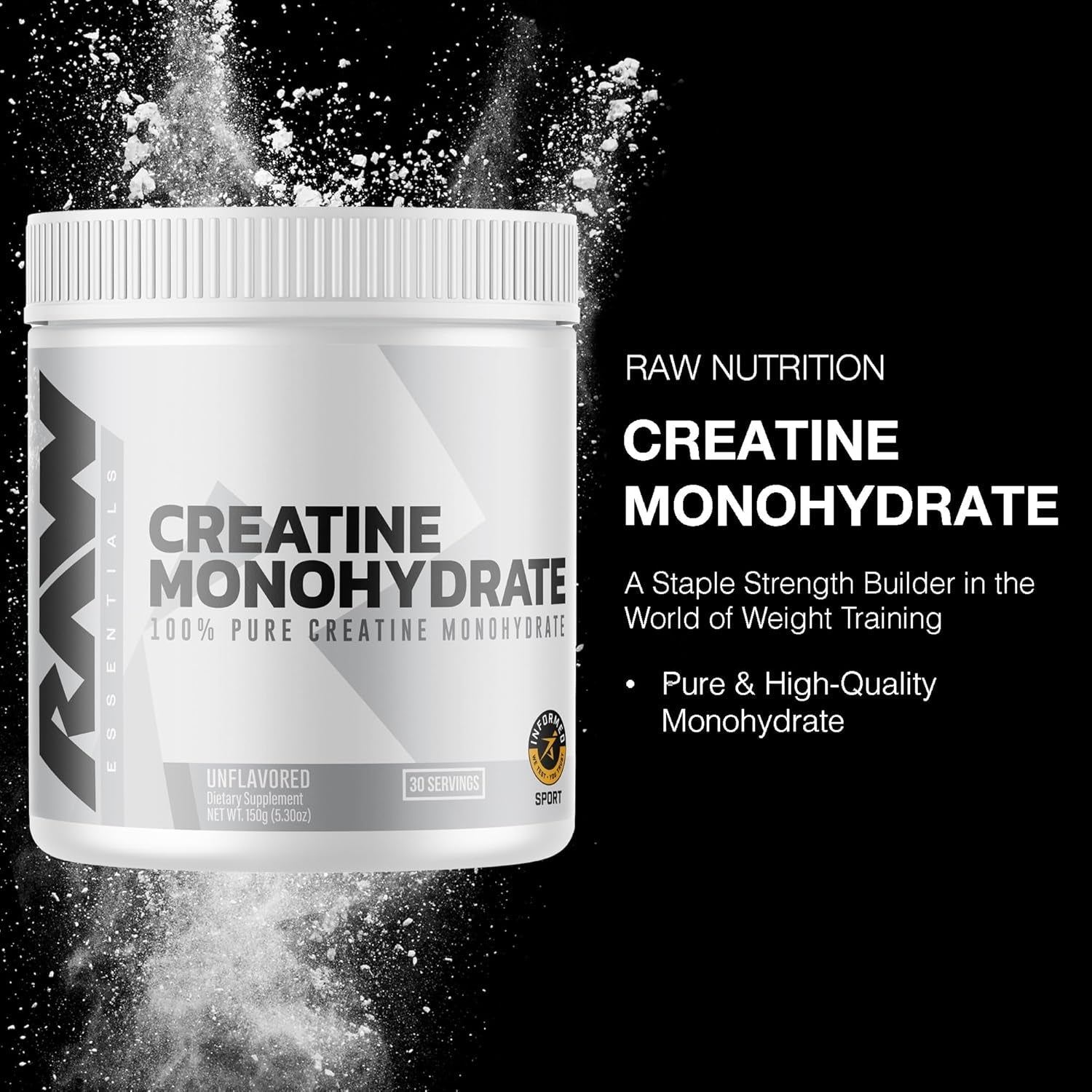 RAW Nutrition Creatine Monohydrate Powder, Unflavored (30 Servings) - Micronized Creatine Monohydrate Supplement for Workout Performance, Build Muscle & Strength - Creatine Powder for Men & Women