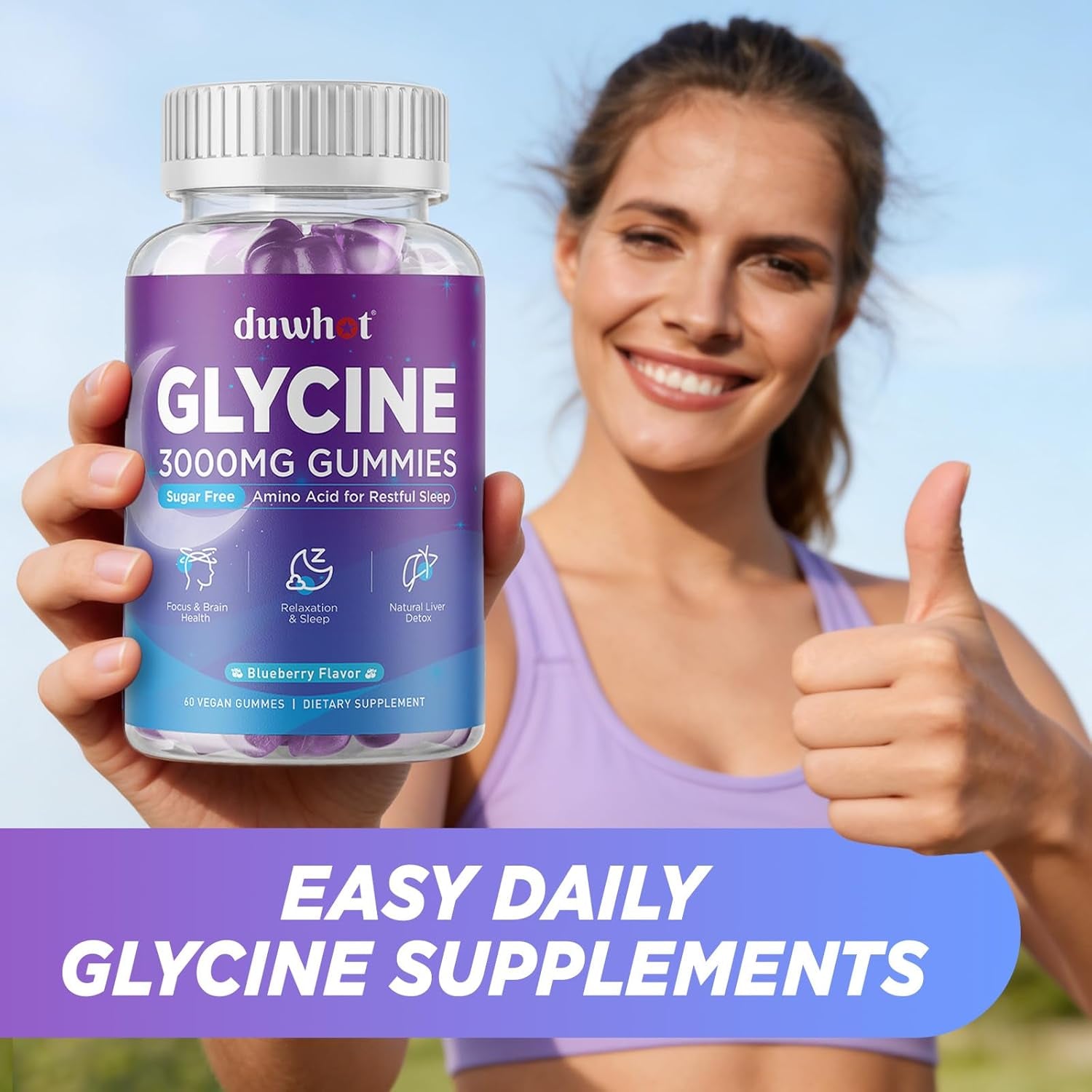 Duwhot Glycine Gummies, 3G(3000 Mg) Glycine Supplements for Sleep, Detox, Relax, Nerve Support, Blueberry Flavor, Sugar-Free, Vegan, Non-Gmo, Gluten-Free, 60 Ct.