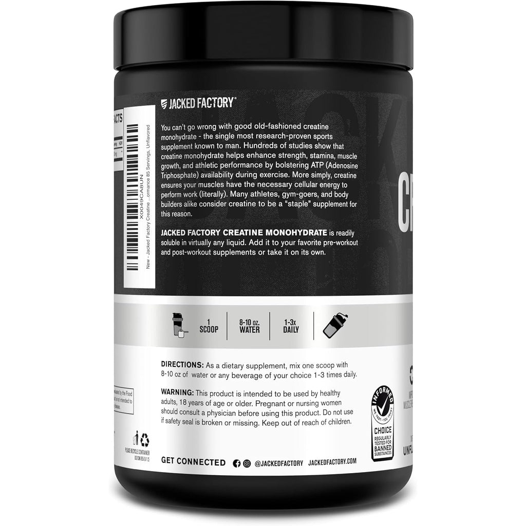 Jacked Factory Creatine Monohydrate Powder 425G - 5G Daily Creatine Supplement for Men and Women, Vegan-Friendly, Third-Party Tested - 85 Servings, Unflavored