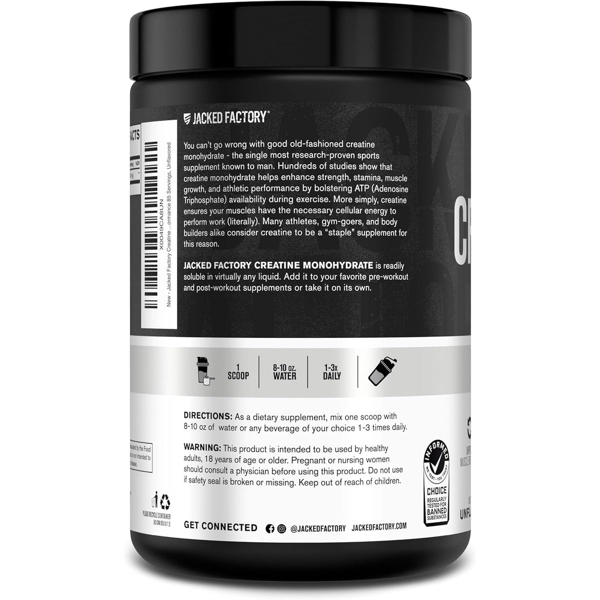 Jacked Factory Creatine Monohydrate Powder 425G - 5G Daily Creatine Supplement for Men and Women, Vegan-Friendly, Third-Party Tested - 85 Servings, Unflavored