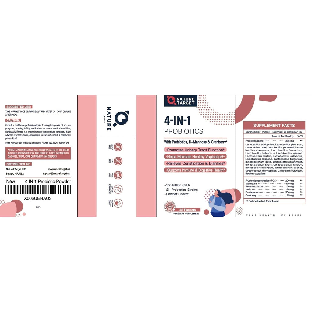 NATURE TARGET Probiotics-For-Women Prebiotics-And-Probiotics-Powder, 100-Billion-Cfus 45-Day-Supply, Women'S-Probiotic with D-Mannose and Cranberry for Urinary Tract/Gut/Digestive Health