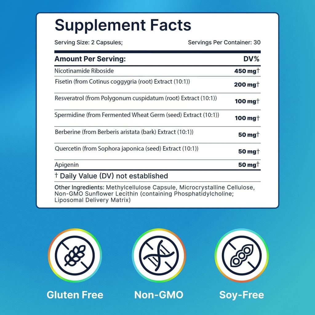 Liposomal Nicotinamide Riboside NR Supplement Resveratrol NAD : Nicotinamide 500Mg W/Fisetin, Resveratrol Powder Spermidine Berberine NAD Resveratrol Supplement 500 Mg - 60 Caps 1 Pack