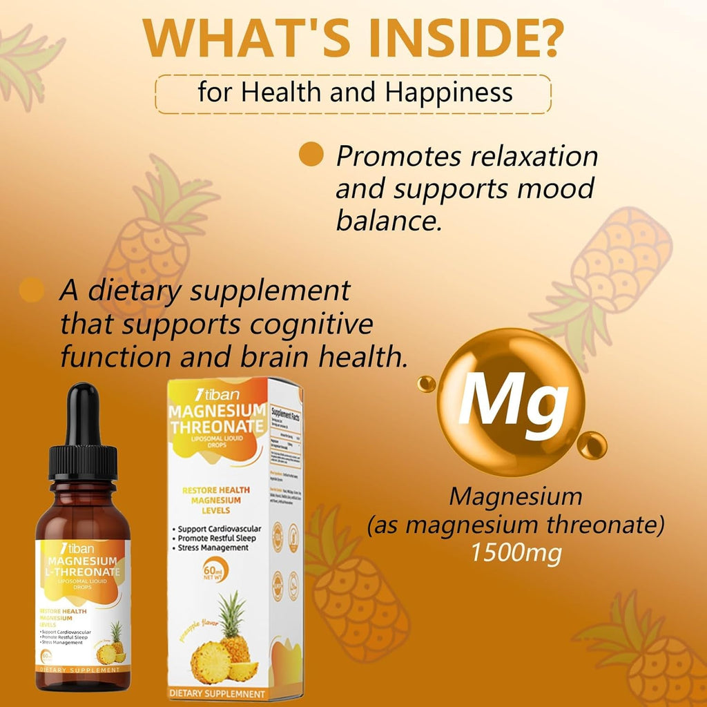 Magnesium L-Threonate Liquid Drops Restore Health Magnesium Levels Support Cardiovascular Promote Restful Sleep Relax Pineapple Flavor 60Ml