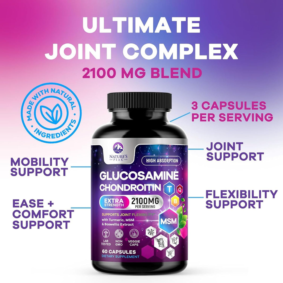 Glucosamine Chondroitin, MSM & Turmeric - Extra Strength Joint Support Supplement with 1500Mg Glucosamine Sulfate per Serving - for Cartilage, Joint Health & Flexibility - Bottled USA - 60 Capsules