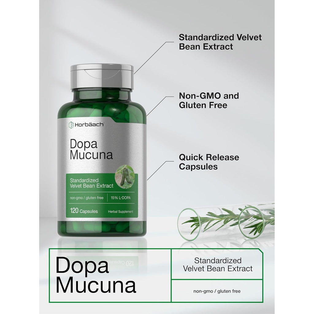 Horbäach Dopa Mucuna Supplement | 120 Capsules | Velvet Bean Herbal Extract | 15% L-Dopa | Non-Gmo & Gluten Free
