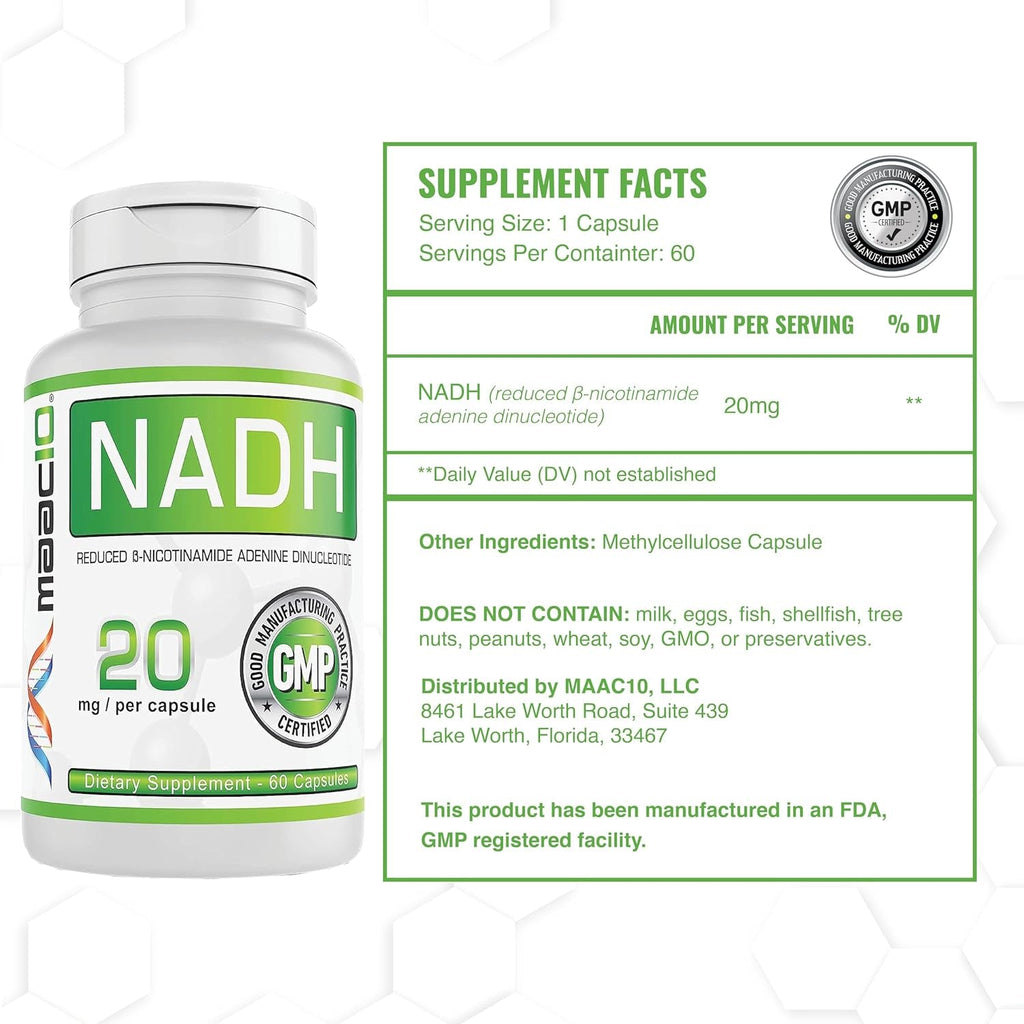MAAC10 NADH Supplement 20Mg Each 60 Capsules for Energy, Fatigue, Mental Focus & NAD+ Longevity Support | Pharmaceutical Grade 99% Pure NADH