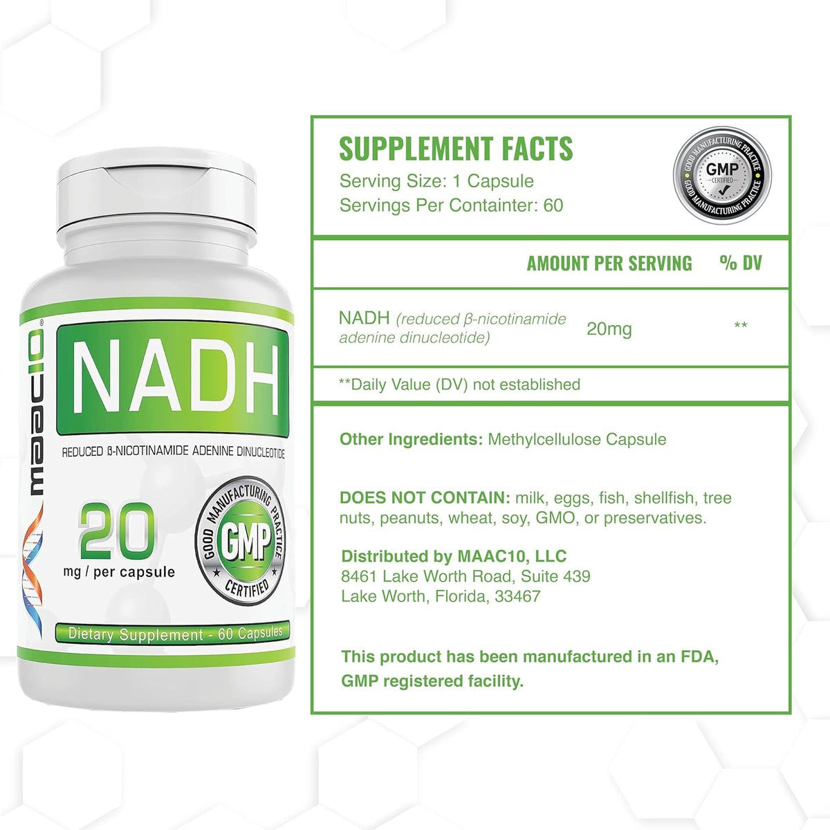 MAAC10 NADH Supplement 20Mg Each 60 Capsules for Energy, Fatigue, Mental Focus & NAD+ Longevity Support | Pharmaceutical Grade 99% Pure NADH