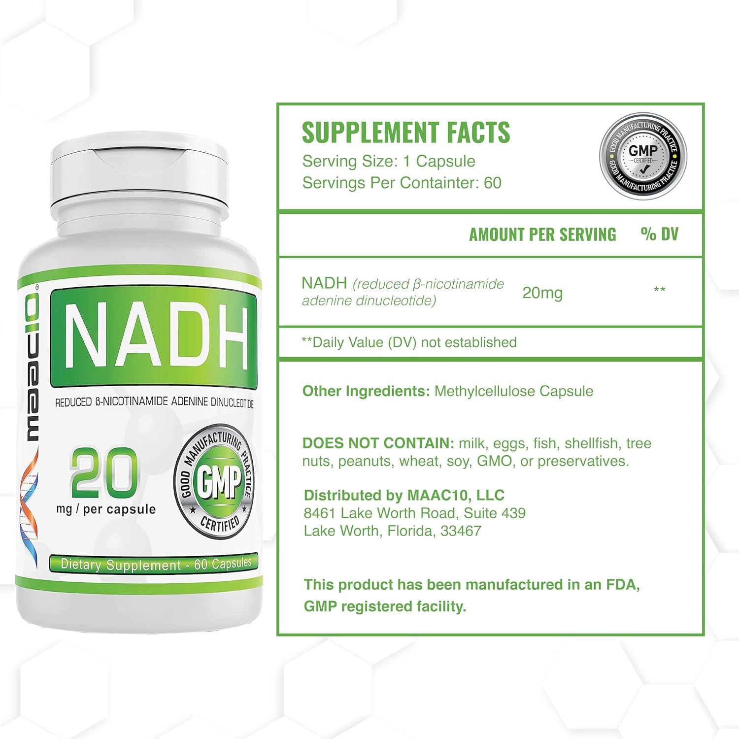 MAAC10 NADH Supplement 20Mg Each 60 Capsules for Energy, Fatigue, Mental Focus & NAD+ Longevity Support | Pharmaceutical Grade 99% Pure NADH