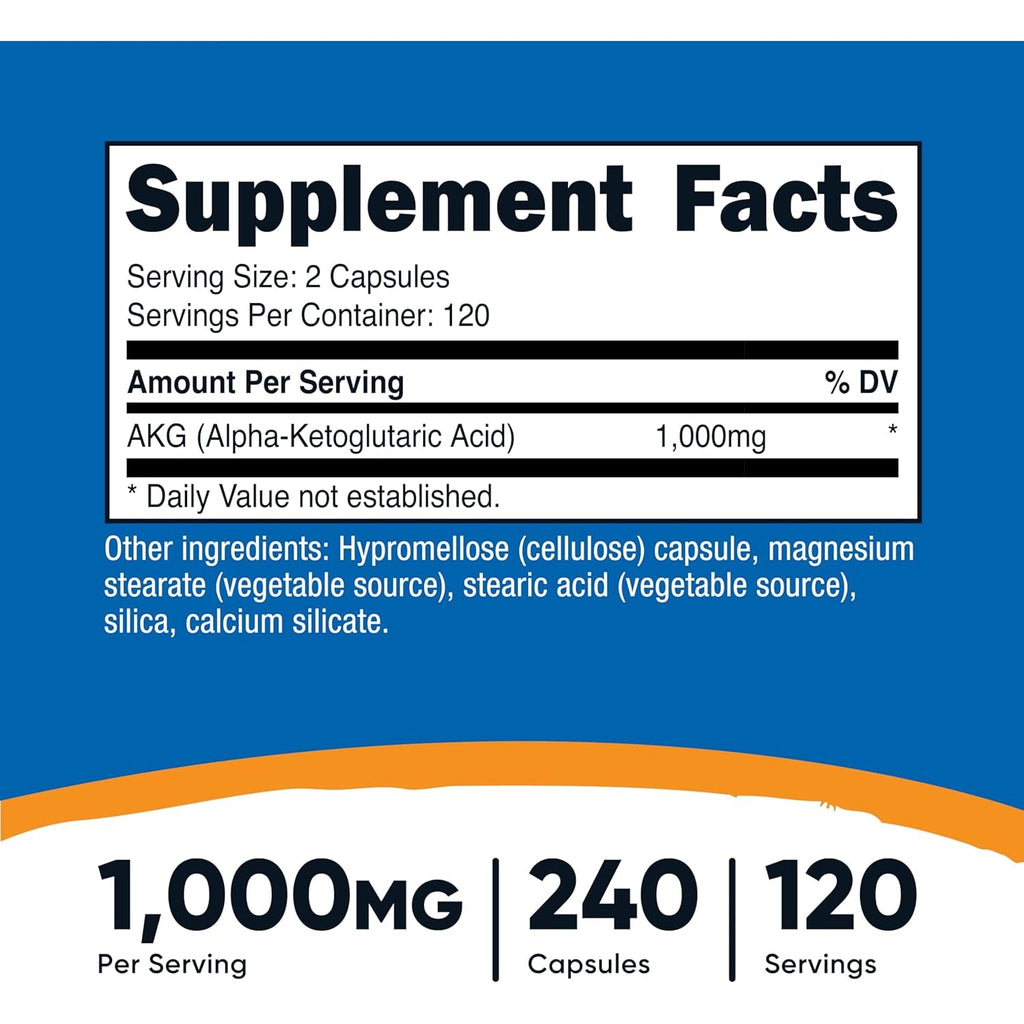 Nutricost AKG Alpha Ketoglutaric Acid Supplement 1,000 Mg, 240 Capsules, 120 Servings per Bottle - Powerful Precursor to Glutamine & Arginine, Energy Support Supplement