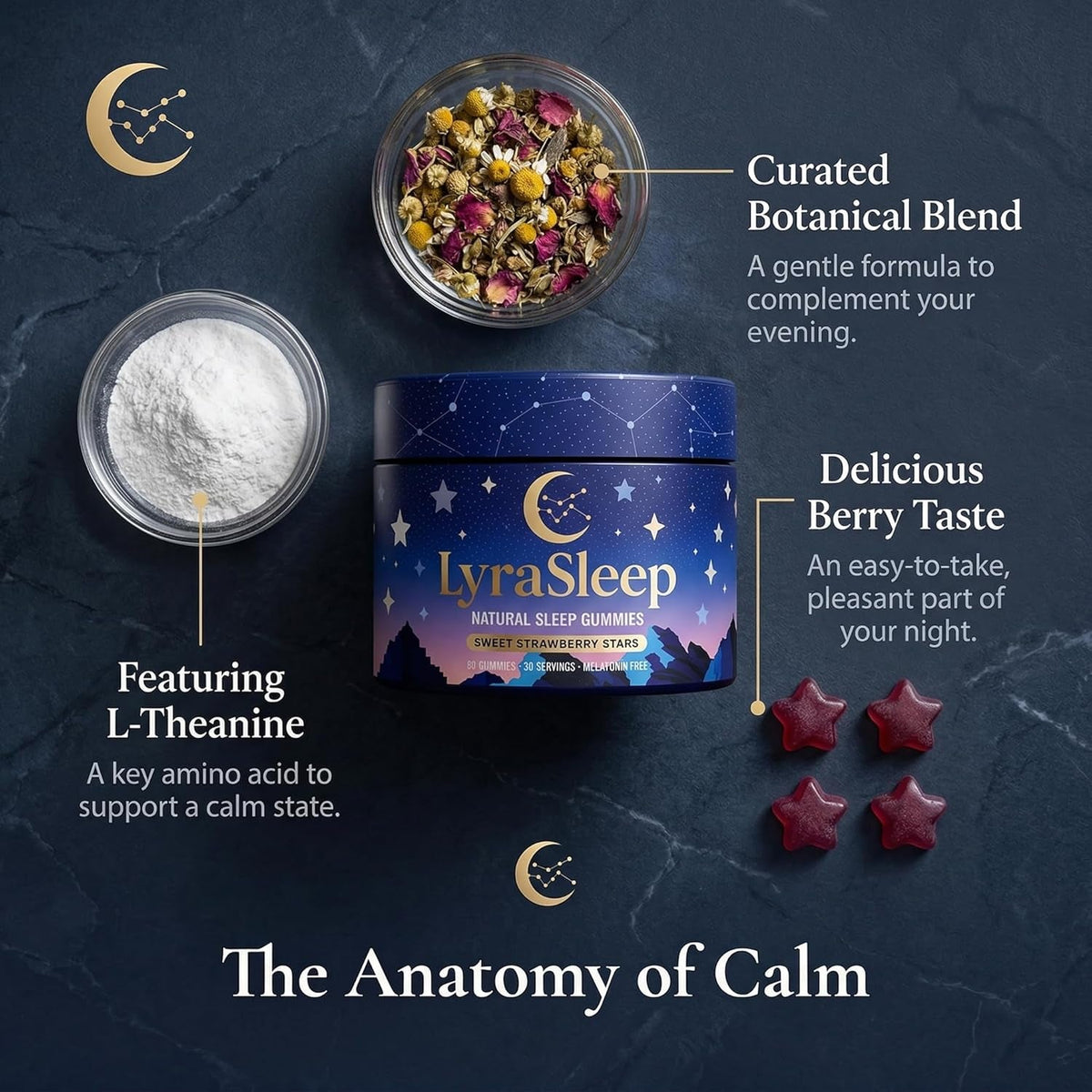 Lyrasleep Gummies - Nighttime Relaxation & Sleep Support Supplement with L-Theanine & Botanical Blend, Calm & Restful Sleep Formula, Berry Flavor - 60 Gummies