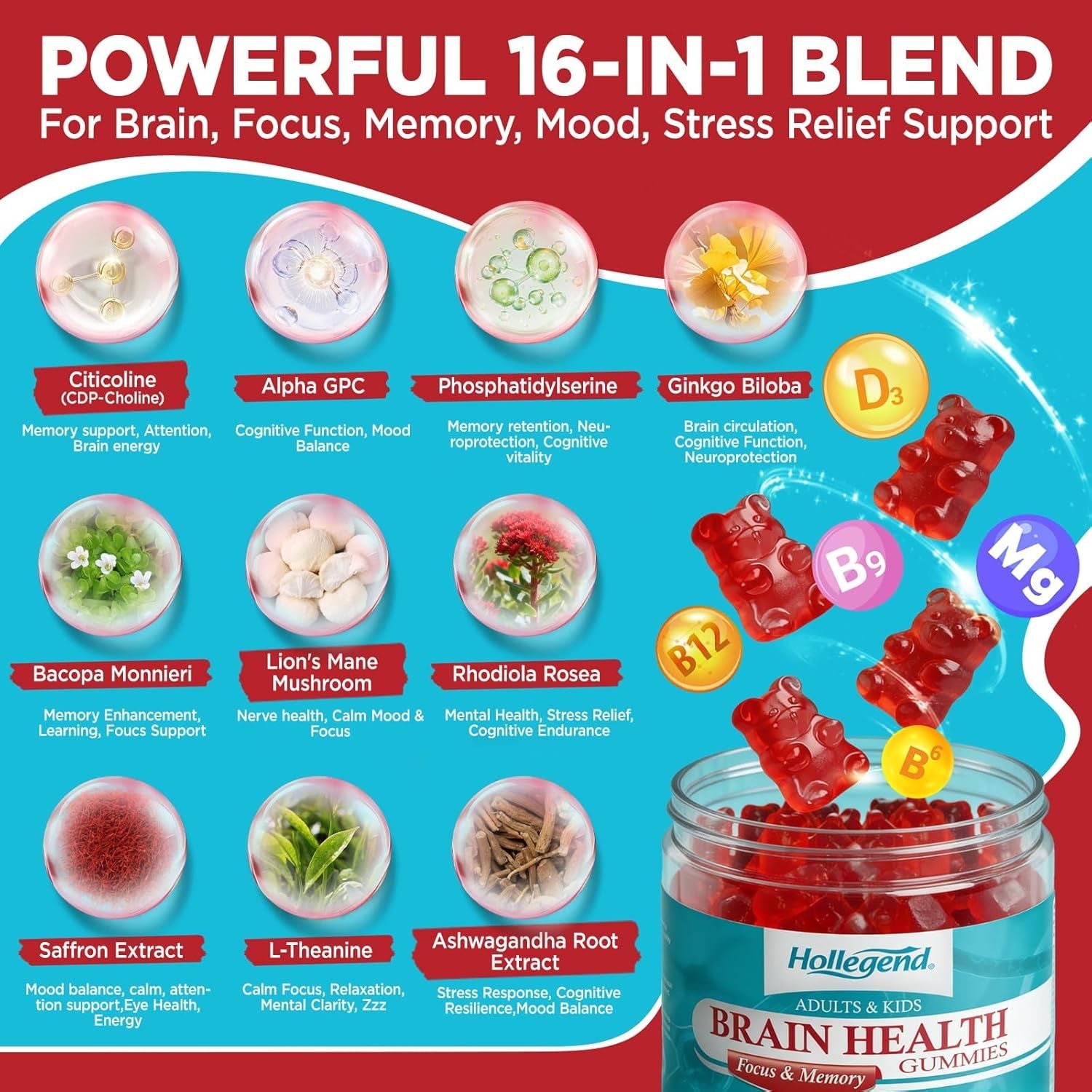 Brain Supplement Gummies, with Choline, Lion’S Mane Mushroom, Phosphatidylserine & More, Brain Supplement for Memory and Focus Support, Adults & Kids, Vegan, Sugar Free, Organic, 60 Gummies