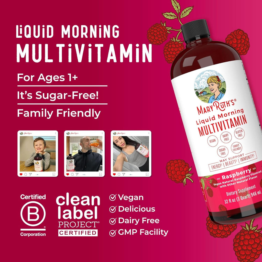MARYRUTH'S Liquid Multivitamin for Women, Men & Kids | Vitamin a C D E B6 B12 Biotin Zinc | Immunity | Energy Metabolism | 15+ Key Nutrients | Vegan | Non-Gmo | Gluten Free | Sugar Free | 32 Servings
