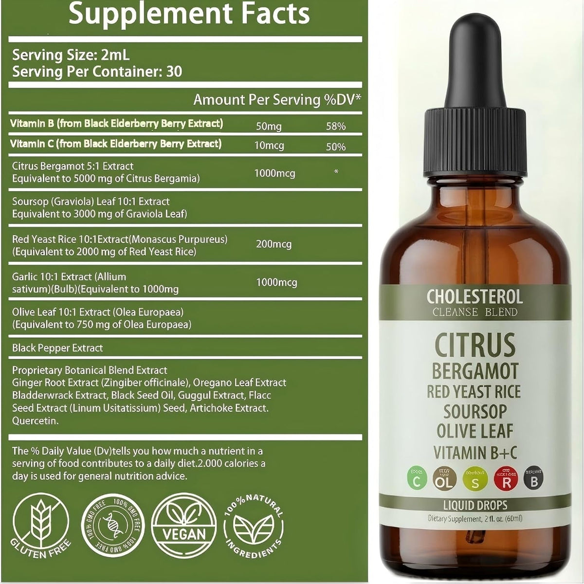 Red Yeast Rice Drops - High Absorption Cholesterol Support, Red Yeast Rice, Soursop, Olive Leaf,Vitamin B+C, Natural, Non-Gmo Vegan, Heart Health Antioxidant Liquid Supplement 2 Fl Oz,2Pcs