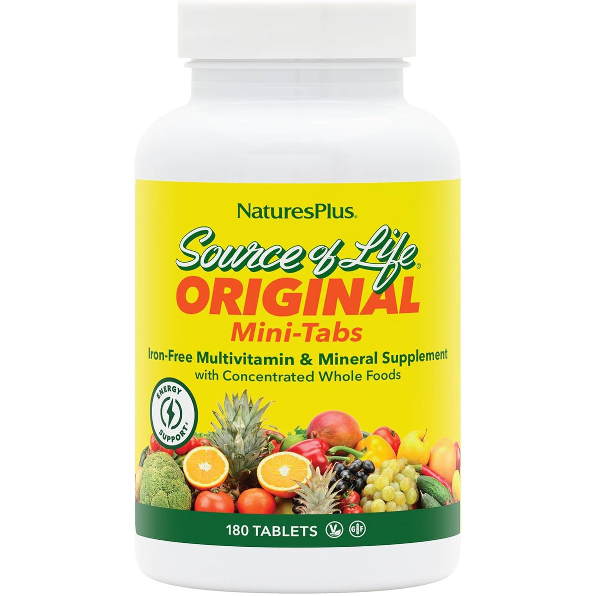 Naturesplus Source of Life No Iron - 180 Mini-Tabs - Multivitamin & Mineral Supplement - Supports Natural Energy & Overall Well-Being - Gluten Free, Vegetarian - 30 Servings