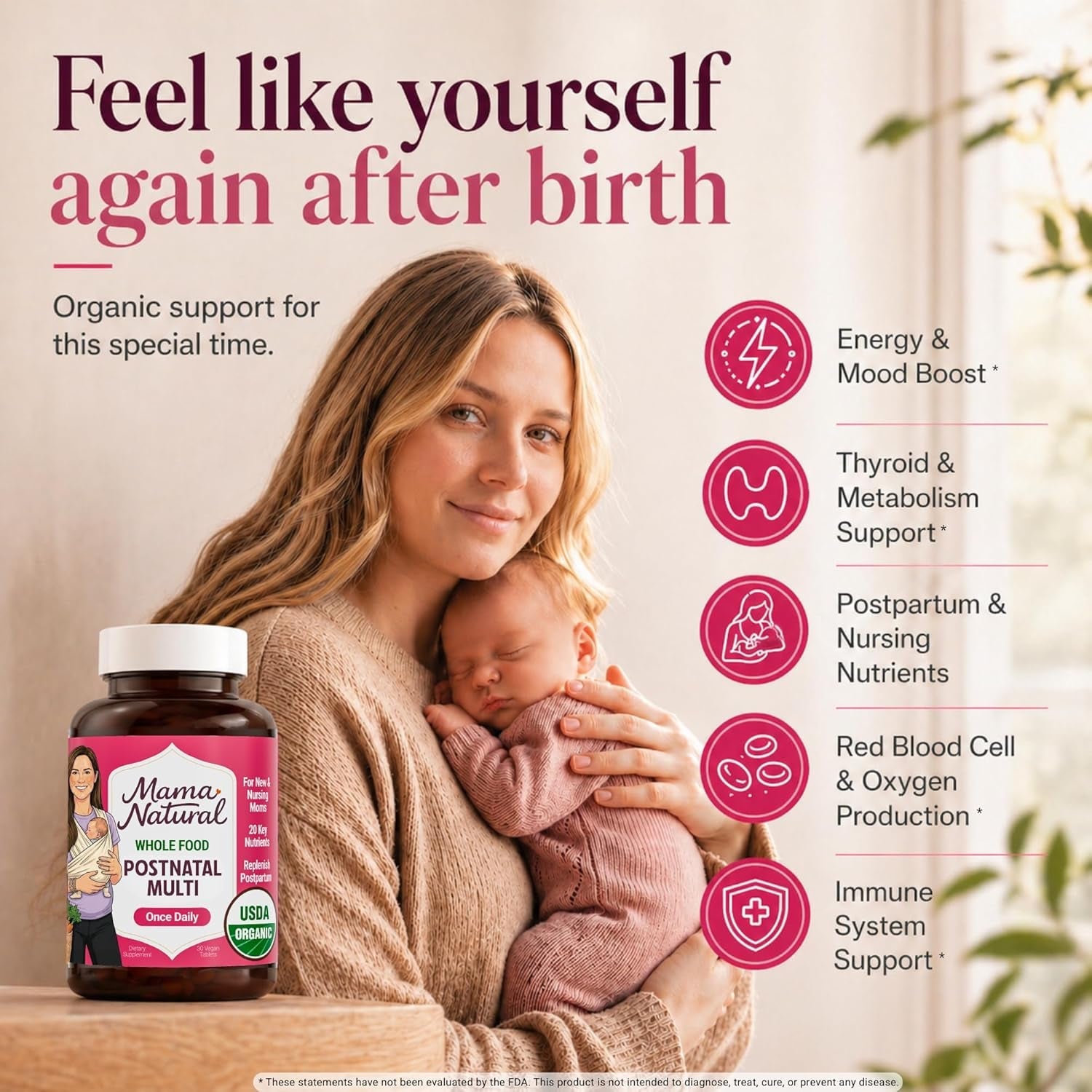Mama Natural Organic Postnatal Vitamins for Women | One a Day Whole Food Postnatal Multivitamin for Breastfeeding & Postpartum Support | Non-Gmo with Iron, Iodine & Moringa | 30 Servings