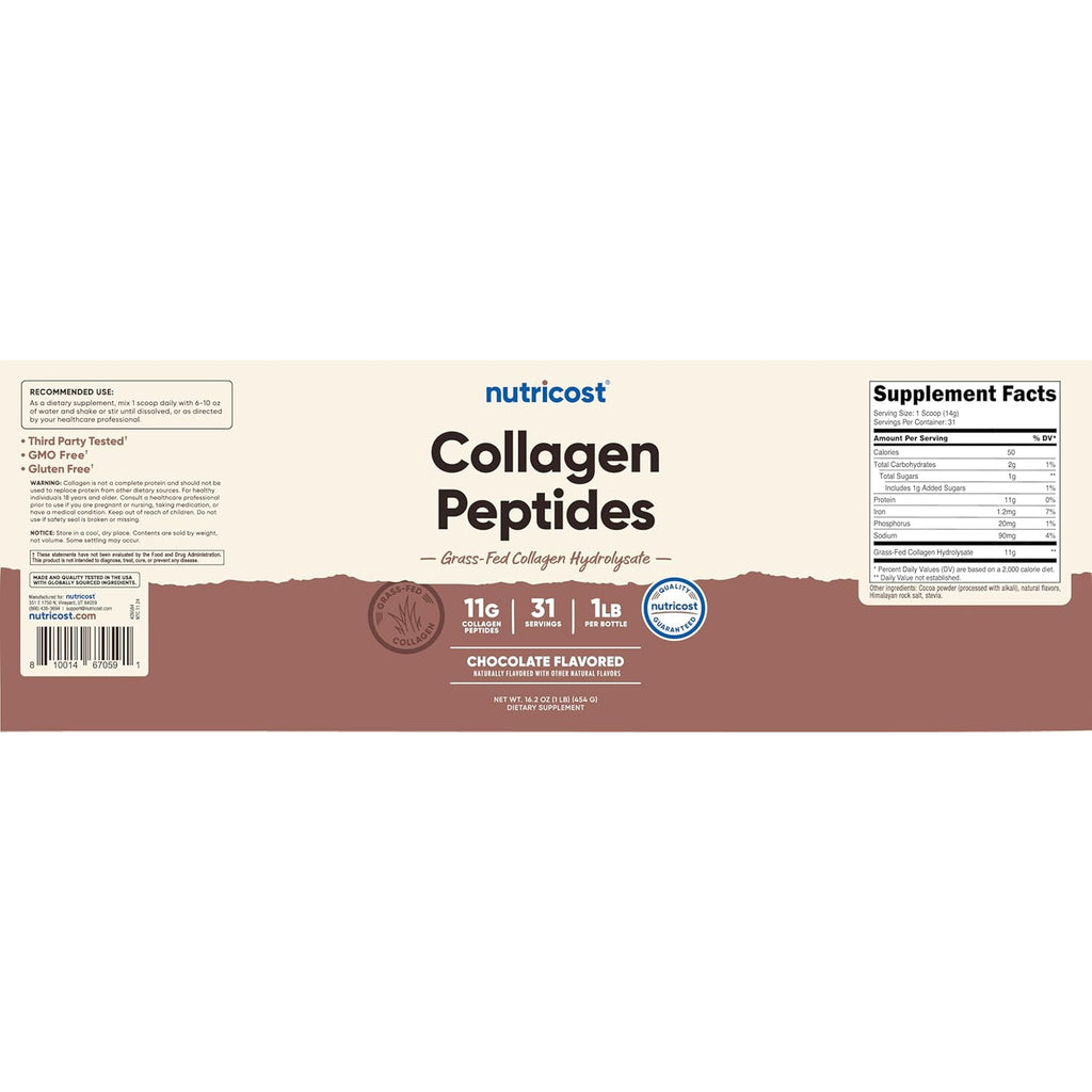Nutricost Collagen Peptides Powder 1LB (454 G) (Chocolate) - Grass Fed Bovine Collagen Hydrolysate