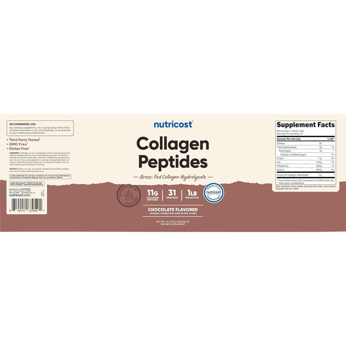 Nutricost Collagen Peptides Powder 1LB (454 G) (Chocolate) - Grass Fed Bovine Collagen Hydrolysate
