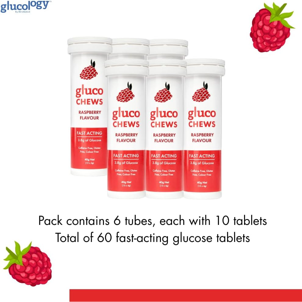 Fast Acting Glucose Tablets, Glucochews Raspberry, 60 Count (10 Tablets per Tube, 6 Pocket-Sized Tubes), Boosts Energy, Supports Blood Sugar, Gluten-Free, Caffeine-Free, Colouring-Free