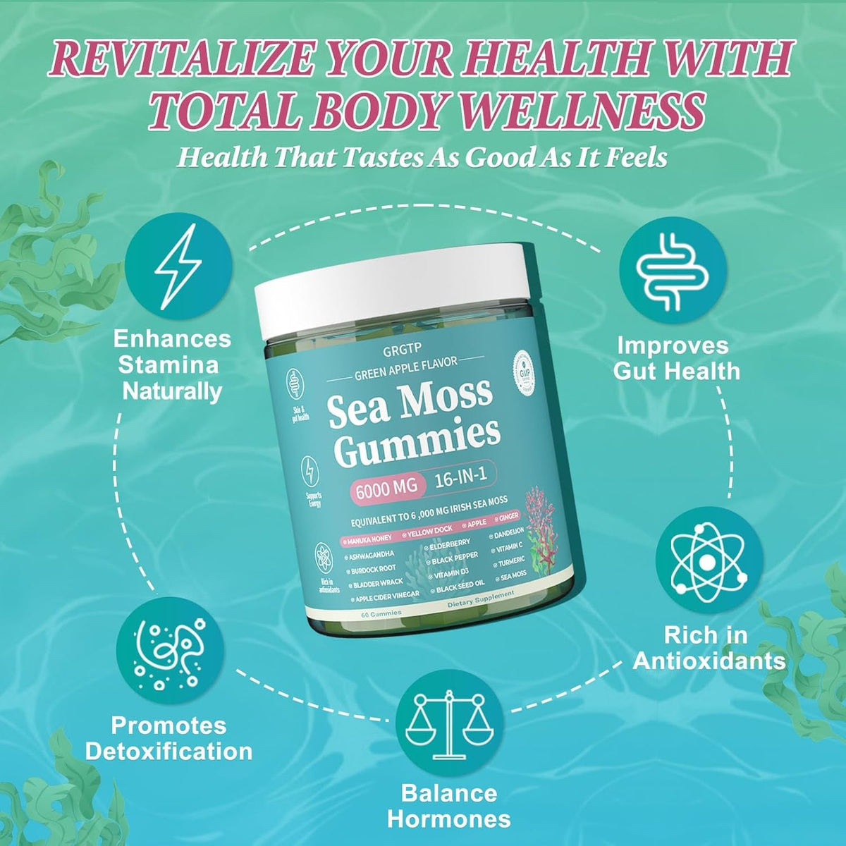 Sea Moss Gummies 16-In-1 - Ashwagandha Black Seed Oil Bladder Wrack Turmeric Vitamin C & D3 with Manuka Burdock Root Dandelion Yellow Dock Natural Detox & Liver Health Immune Support, Energy Boost