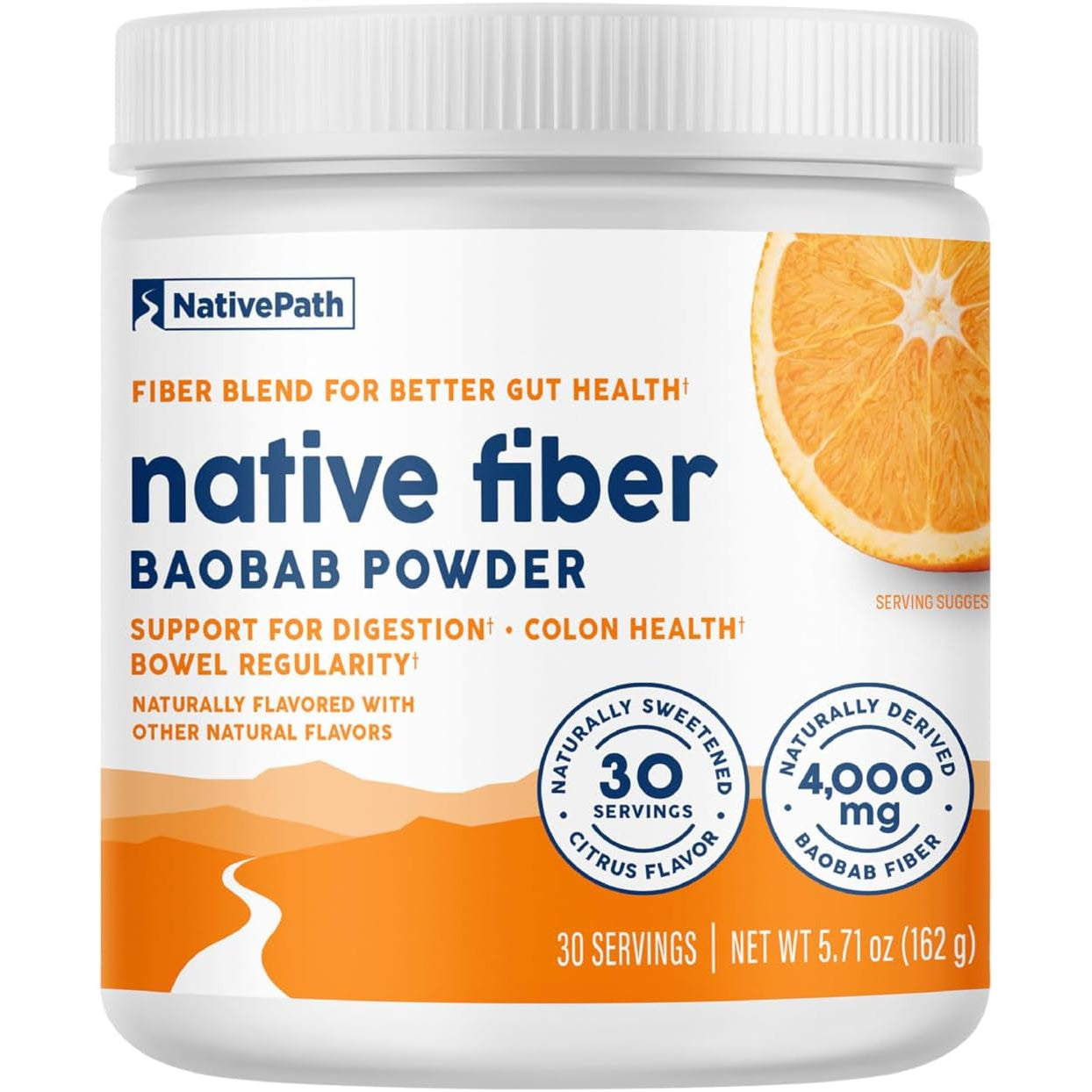 Nativepath Organic Baobab Prebiotic Fiber Powder - Digestive Health Supplement - Natural Orange Flavor, 30 Servings