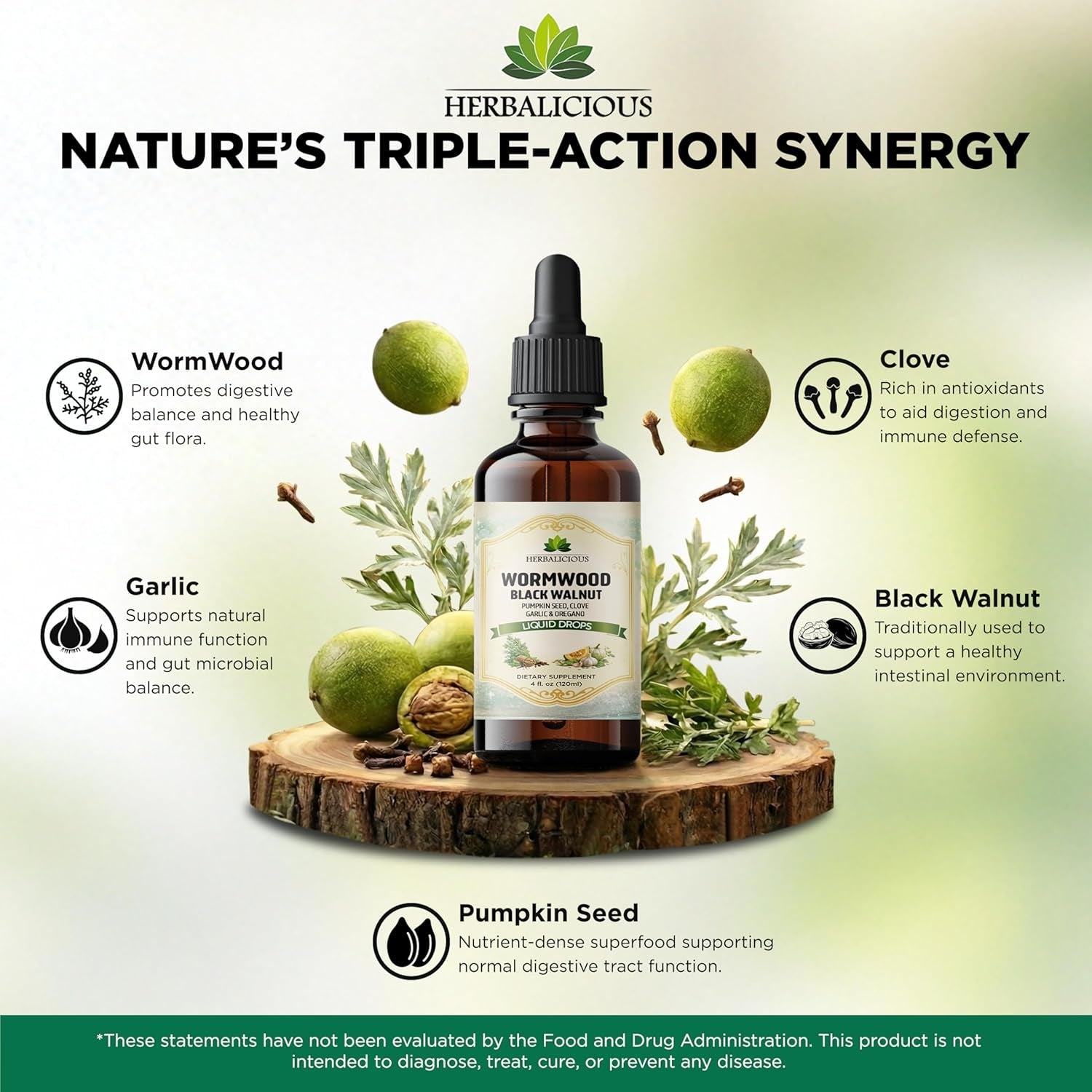 HEBRALICIOUS Wormwood Black Walnut Clove Parasite Cleanse – Herbal Liquid Drops with Pumpkin Seed, Garlic & Oregano Oil – Alcohol-Free Tincture Supplement, 4 Fl Oz (120 Ml)