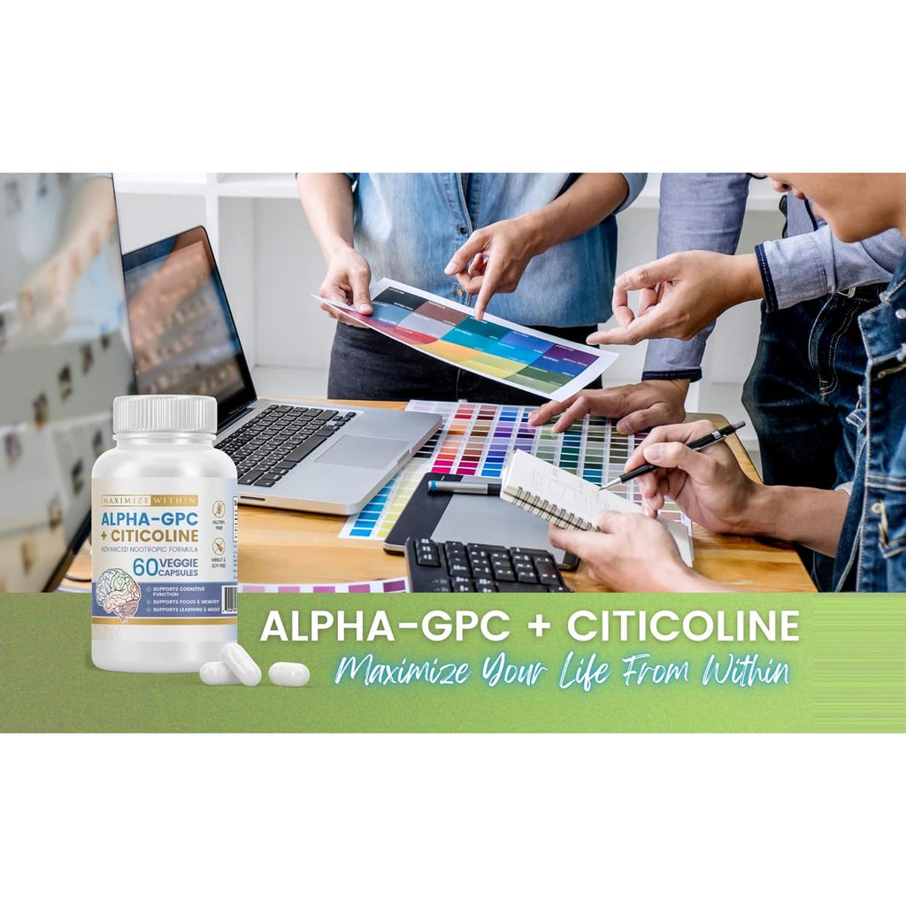 Alpha GPC + Citicoline 60 Ct, 1600Mg Concentrated Formula- 99%+Highly Purified & Bioavailable Nootropic-Cognitive Enhancer, Supports Memory, Brain Function, Boosts Focus, Mood & Energy