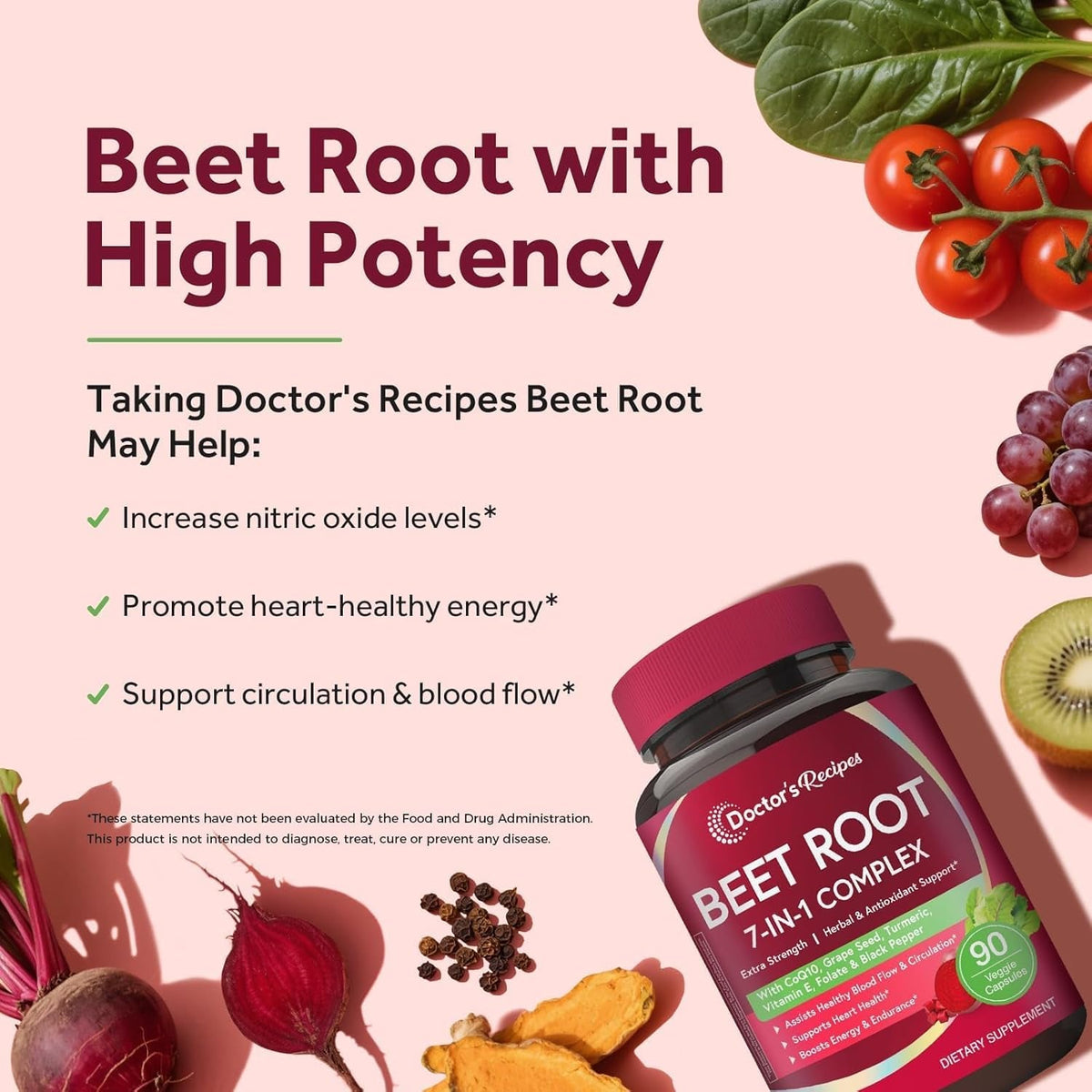 Doctor'S Recipes Beet Root Capsules, Beet Root Extract with Grape Seed, Coq10, Turmeric, Black Pepper for Enhanced Absorption, Supports Heart, Circulation, Energy & Nitric Oxide, Non-Gmo, 90 Veg Caps