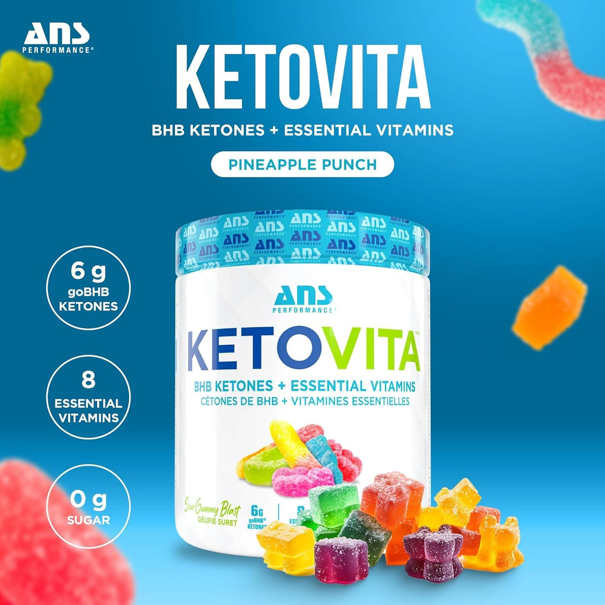 ANS Performance Ketovita Supplement Beta-Hydroxybutyrate Ketones Drink Powder with Zero Sugar and 30 Servings, Boosts Metabolism, Sour Gummy