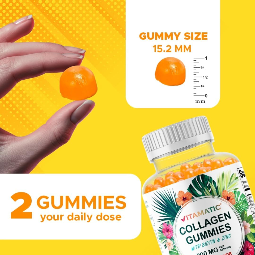 Vitamatic Hydrolyzed Collagen Gummies with Vitamin C, Zinc and Biotin, 200 Mg - Healthy Skin Support - 60 Gummies