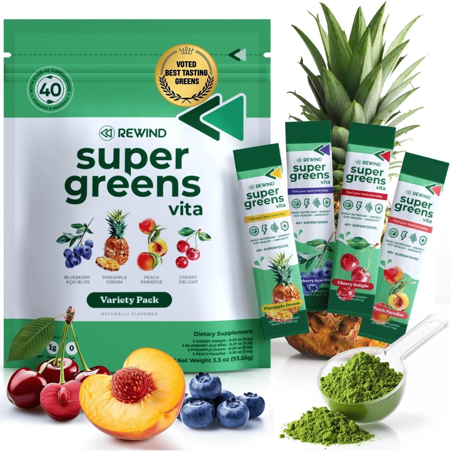Rewind Best Tasting Vita Variety Sample Stick Pouch - Super Greens Powder Packets - Delicious Green Juice Drink Mix with Amazing Flavor - over 40 Superfoods - Variety Pack (12 Sticks)